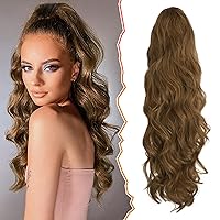 Vista 1 de BARSDAR Extensión de cola de caballo de 26 pulgadas, extensiones de cabello ondulado con cordón, extensiones de cabello sintético marrón con clip
