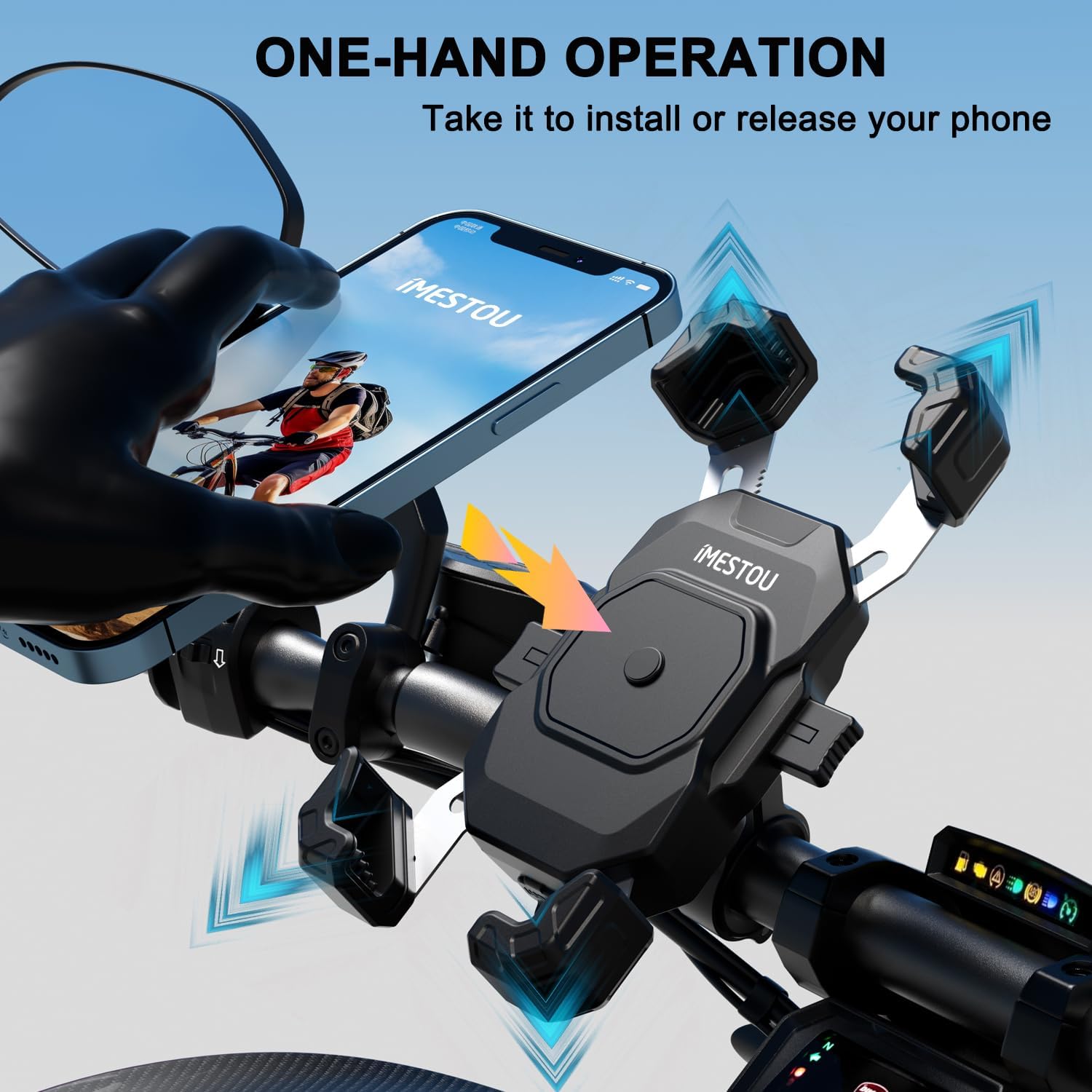 iMESTOU Motorcycle Wireless USB C Charger Phone Mount with Detachable SAE-O Ring Wire, Fits for 5.5"-7.2" Phones with Thickness Up to 15mm, Width ＜93mm, Works with 12-24V Motorcycles