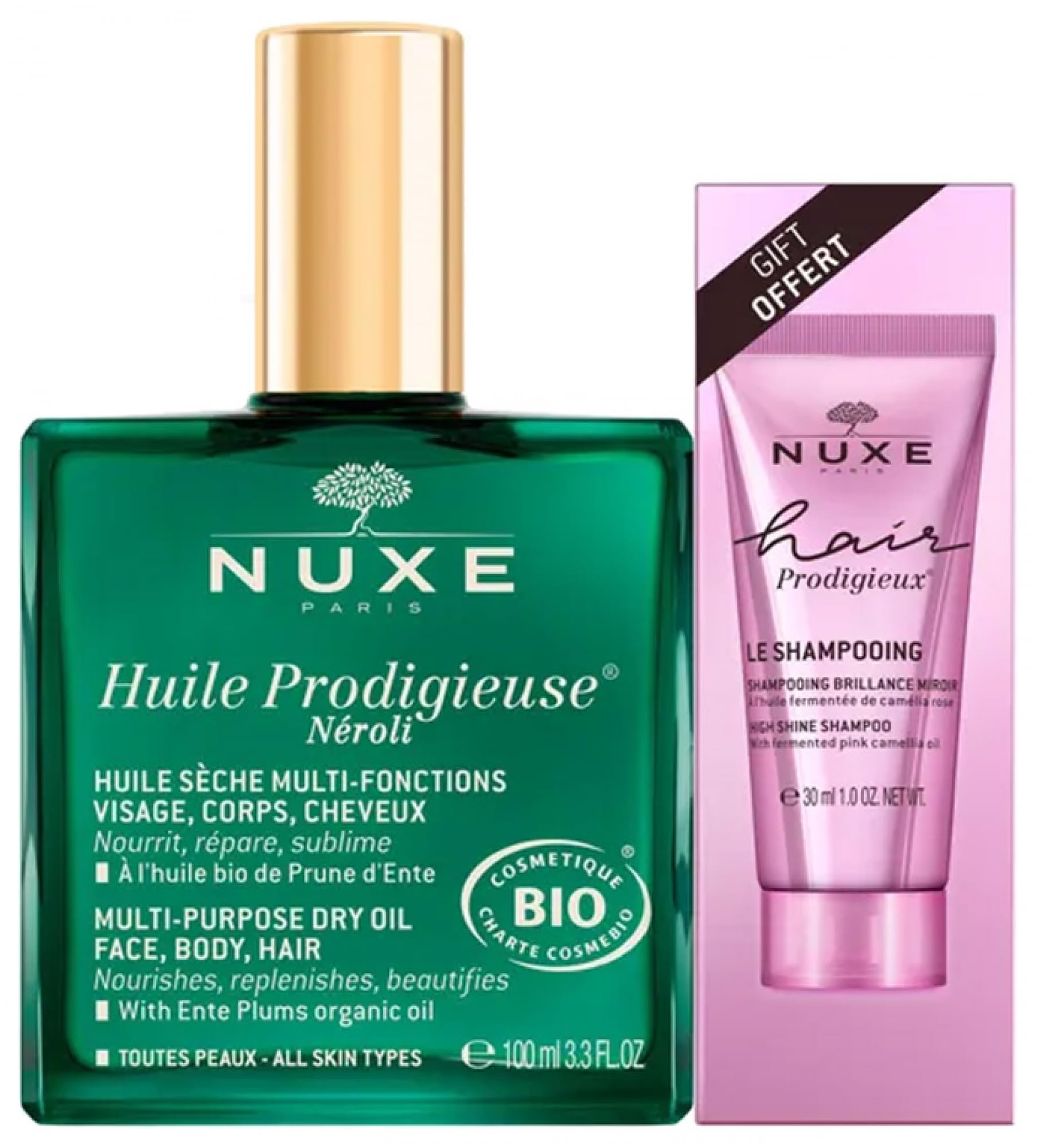 Nuxe Huile Prodigieuse Néroli Bio 100 ml + Hair Prodigieux Le Shampoing Brillance Miroir 30 ml Offert