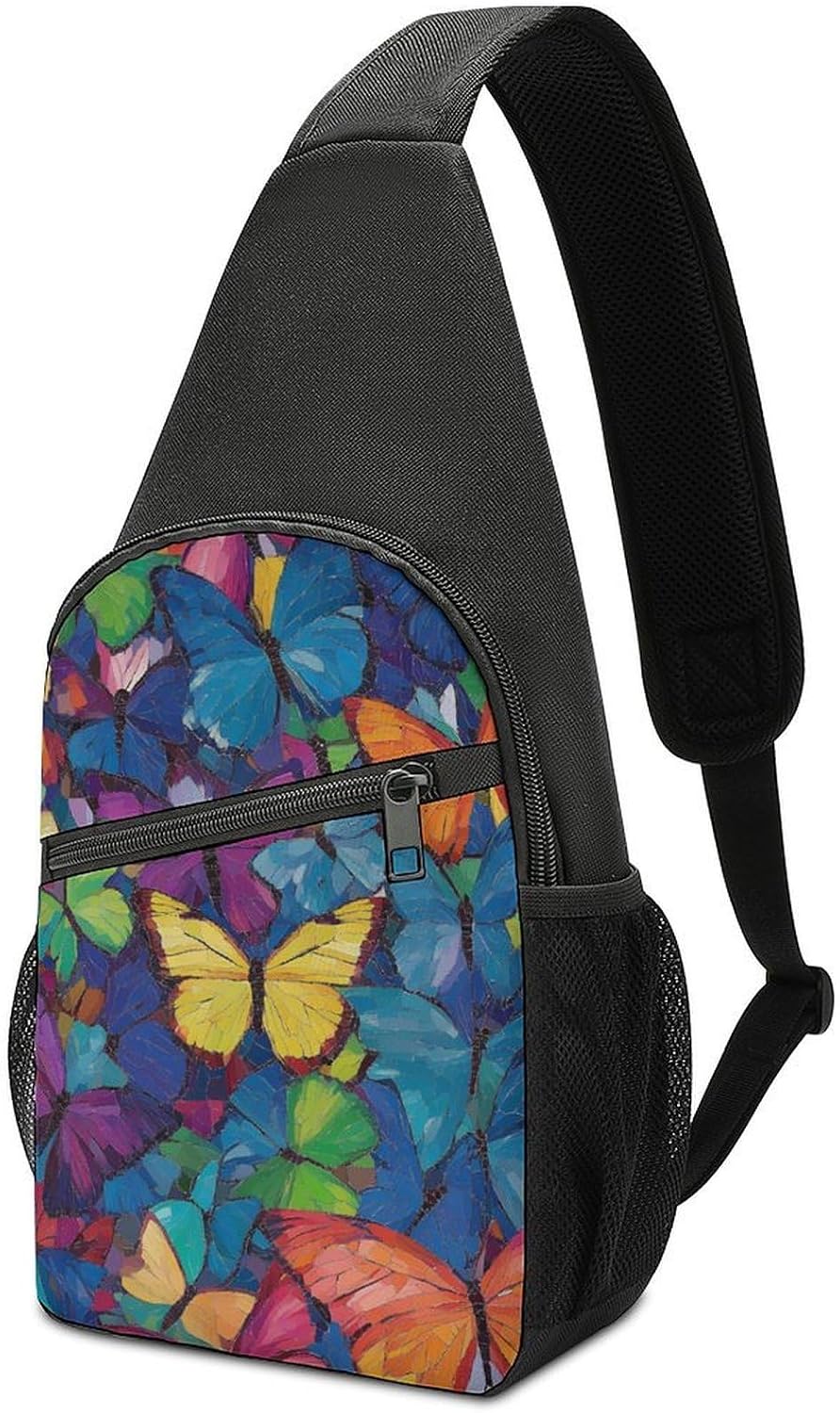 Multicolored Butterflies Crossbody Sling Backpack Chest Bag Daypack | unisex,trendy,with convertible and detachable shoulder strap,side pockets