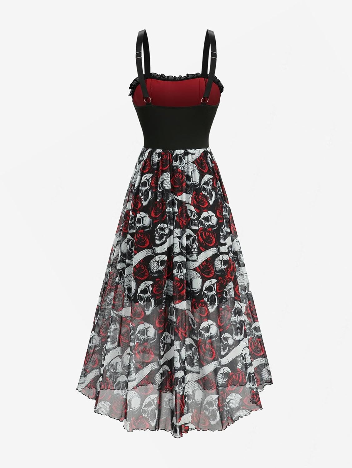 DRESSFO Women Gothic Skull Rose Dress Grommet Lace Up Ruched Ruffles A-Line Tank Midi Dress