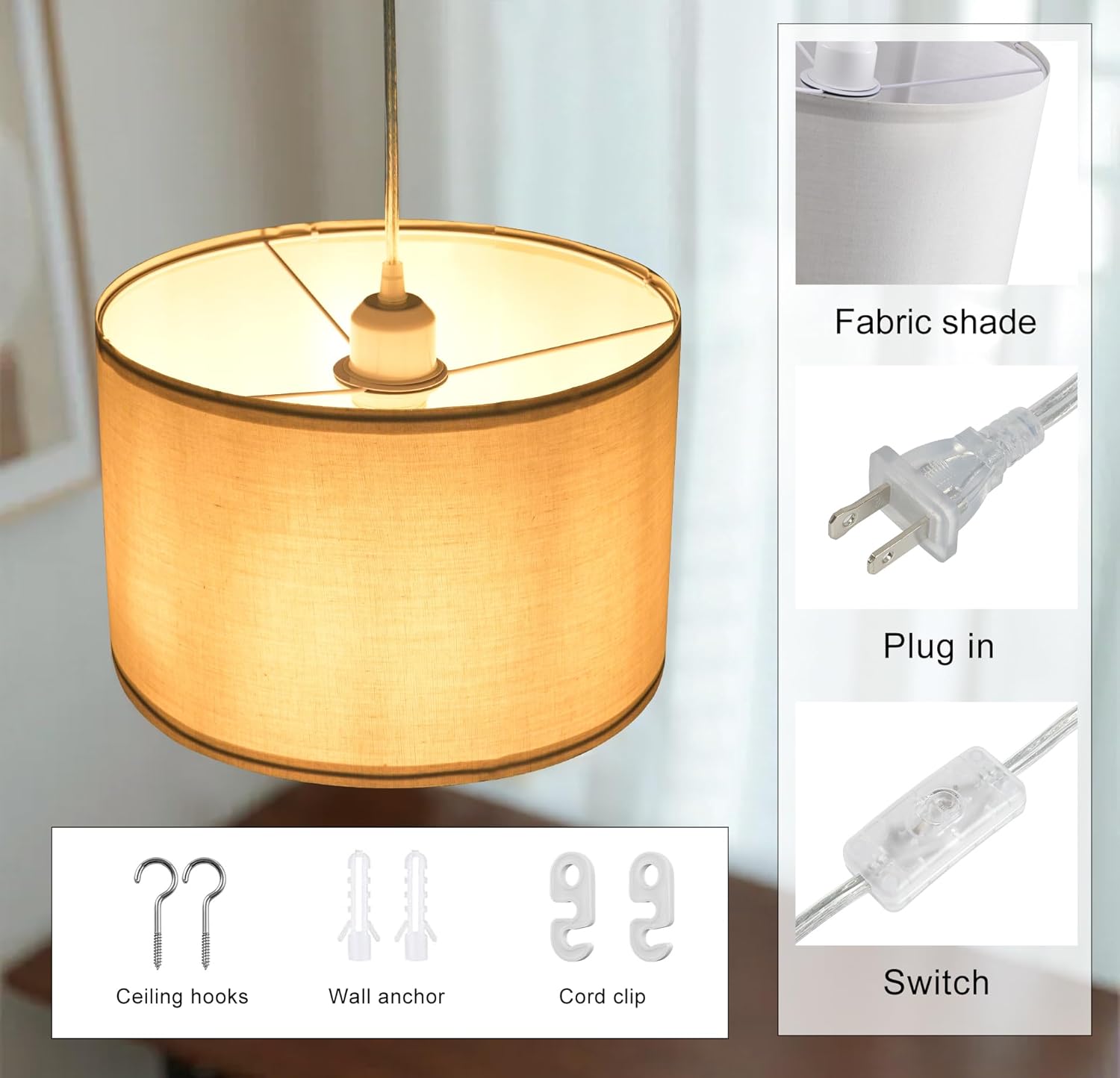 2 Pack Plug in Pendant Light, Hanging Light with 15Ft Clear Cord, On/Off Switch, French Grey Fabric Lamp Shade, Hanging Light Fixture for Bedroom, Kitchen, Living Room, Dining Table