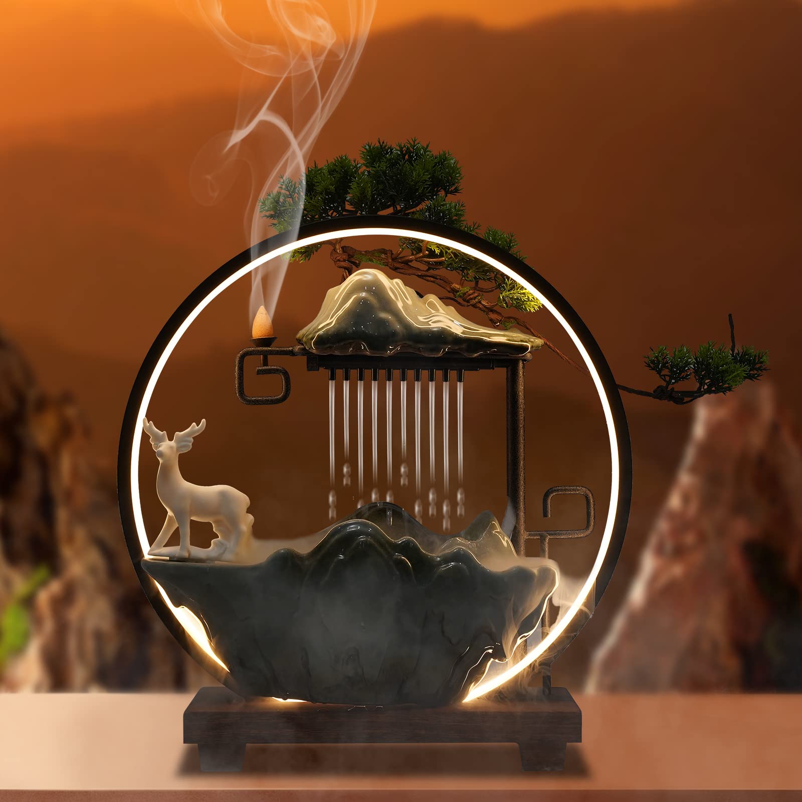 Shikiy Tabletop Water Fountains, Indoor Waterfall with Atomizer & LED Table Decor Fountain, Indoor Water Fountain with Mist LED Light Incense Burner Waterfall Table Decor for Living Room, Store