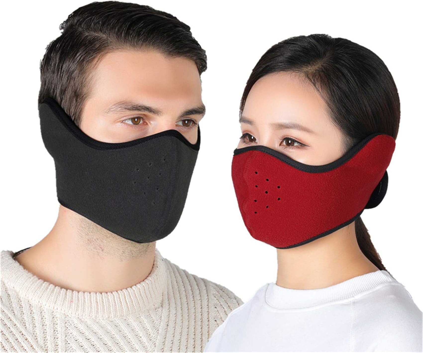 2PCS Face Mask Half Balaclava with Earflap Cold Weather Winter for Men Women (Wine-Dgrey)
