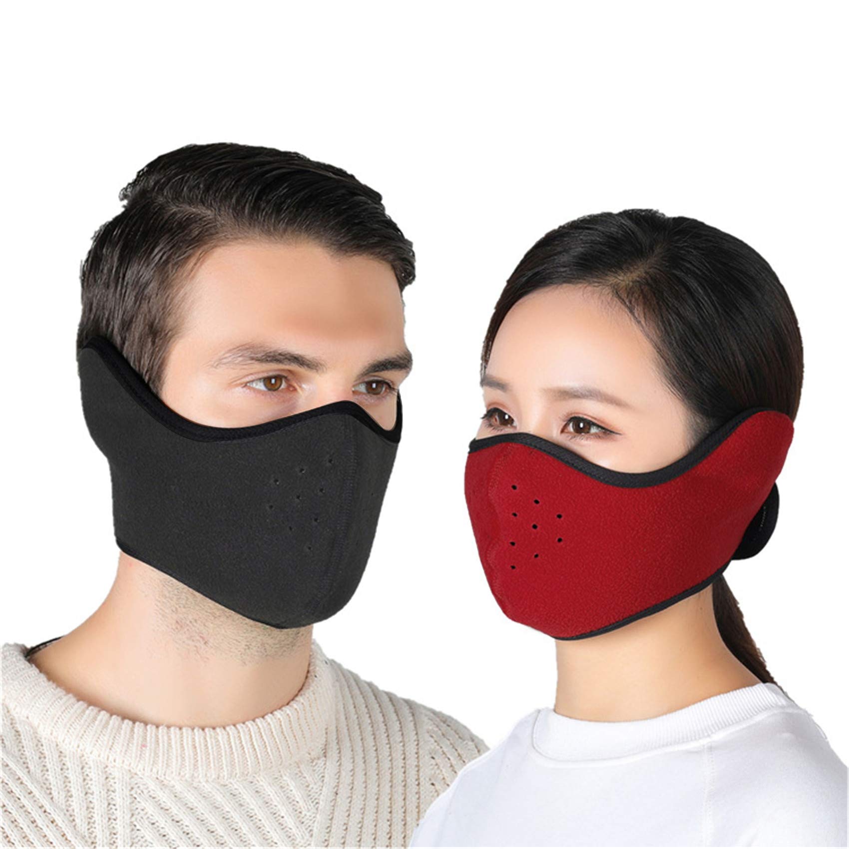 2PCS Face Mask Half Balaclava with Earflap Cold Weather Winter for Men Women (Wine-Dgrey)