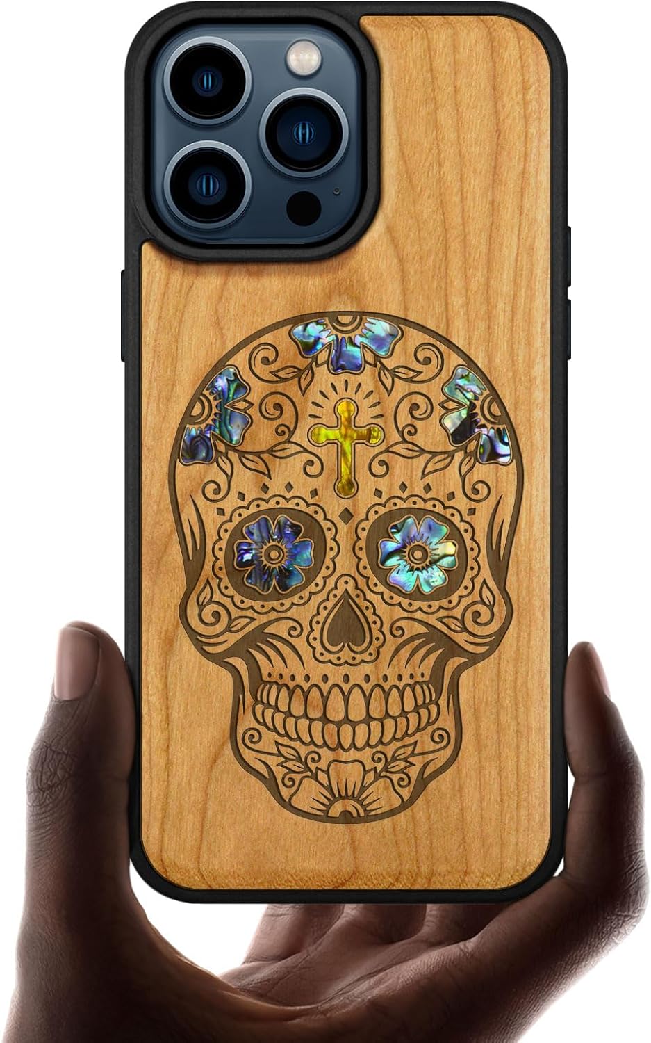 Carveit Wooden Case for iPhone 15 Pro Max Magnetic Case, Compatible with MagSafe Wireless Chargers, Shockproof Cover, Handmade Shell Inlaid & Wood Artisan Engraved (Sugar Skull) Cherry