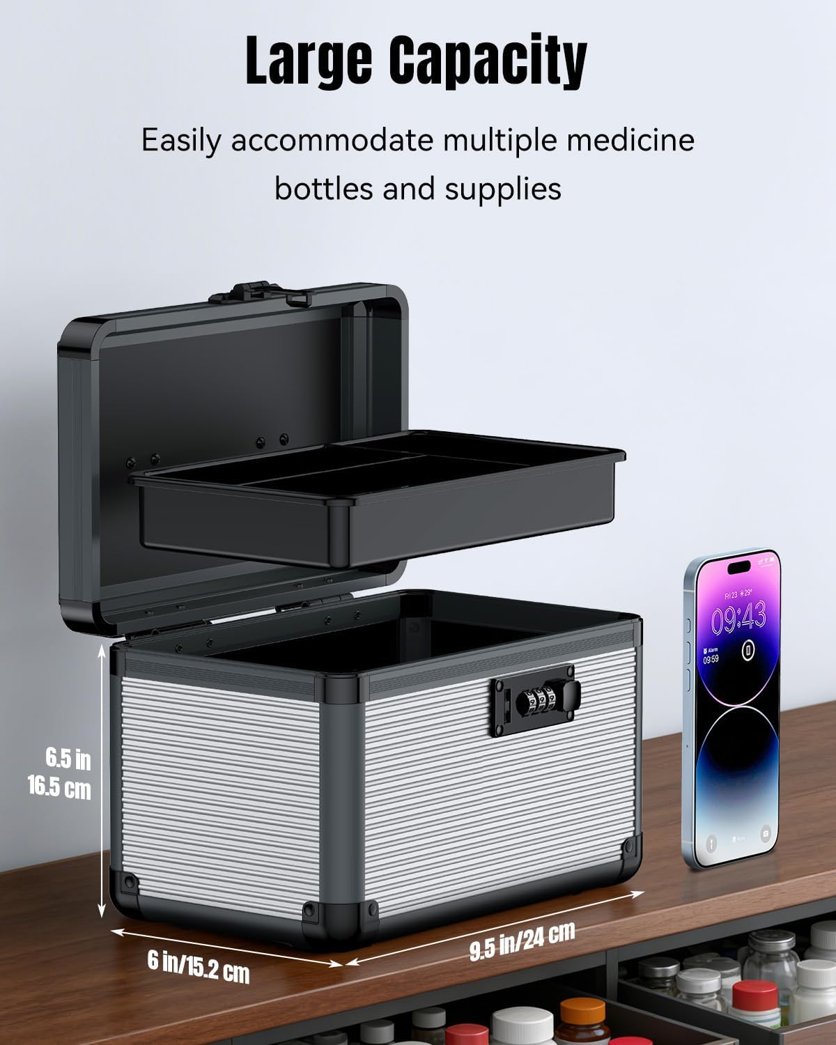 Uniclife Medicine Lock Box, 9.5" x 6" x 6.5", Portable Medication Lock Box with Combination Lock & Handle, Metal Lockable Storage Box, Security Lock Box for Medications, First Aid Medicine Storage Box Medium-10 inch