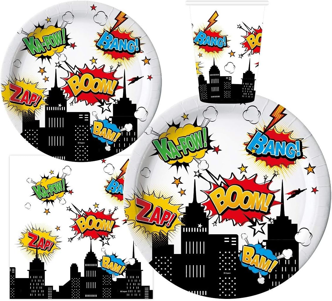 Serves 30 Complete Party Pack Super Hero 23cm Dinner Paper Plates 18cm Dessert Paper Plates 270ml Cups 3 Ply Napkins Super Hero Party Theme