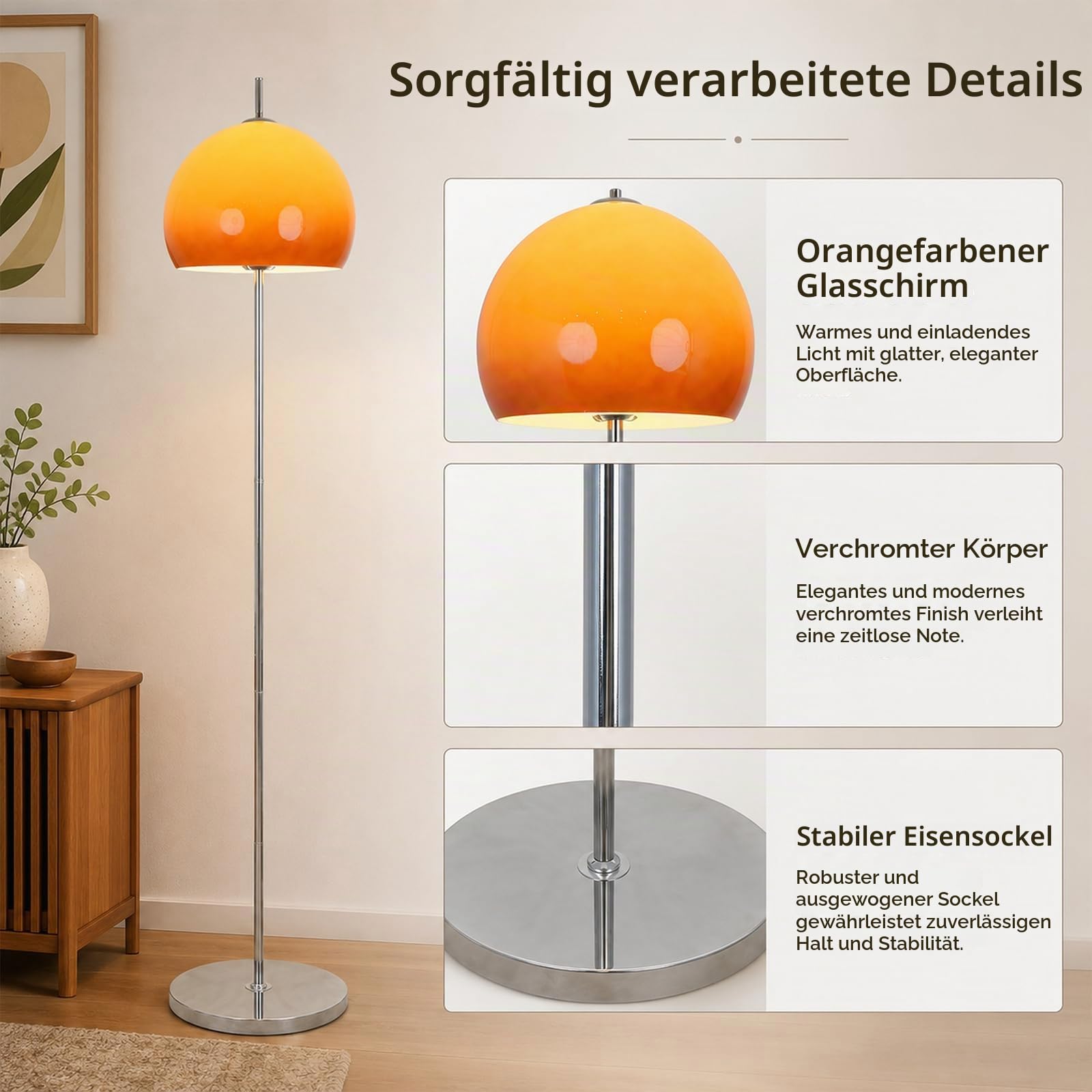 Orangefarbene Pilz-Stehlampe 161 CM Mit Glaskugel Für Wohnzimmer | Mid-Century Modern, Sunset-Glaskugel, E27, 3 Farbtemperaturen, Fußschalter, Hohe Chromstange Für Schlafzimmer Und Büro