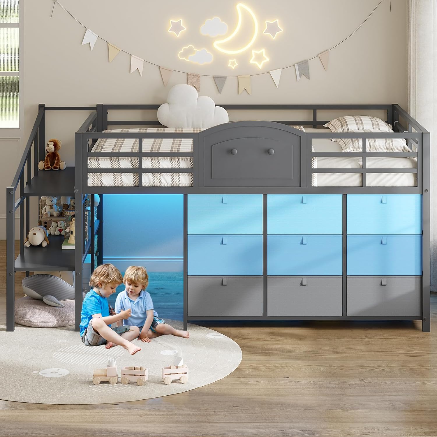 VIAGDO Low Loft Bed Full Size with 9 Storage Drawers and LED Lights, Metal Full Size Loft Bed with Stairway Shelf Storage, Low Loft Bed with Safety Guardrail and Under-Bed Hideaway for Kids, Grey Grey Full