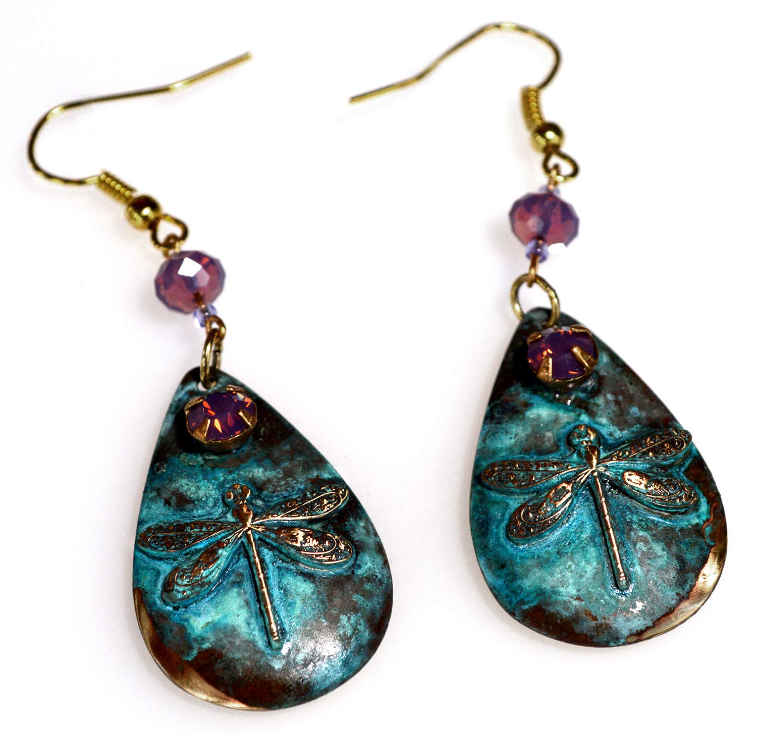 Elaine Coyne Patina Wearable Art Dragonfly Teardrop Dangle Earrings - Violette Opal Authentic Crystals