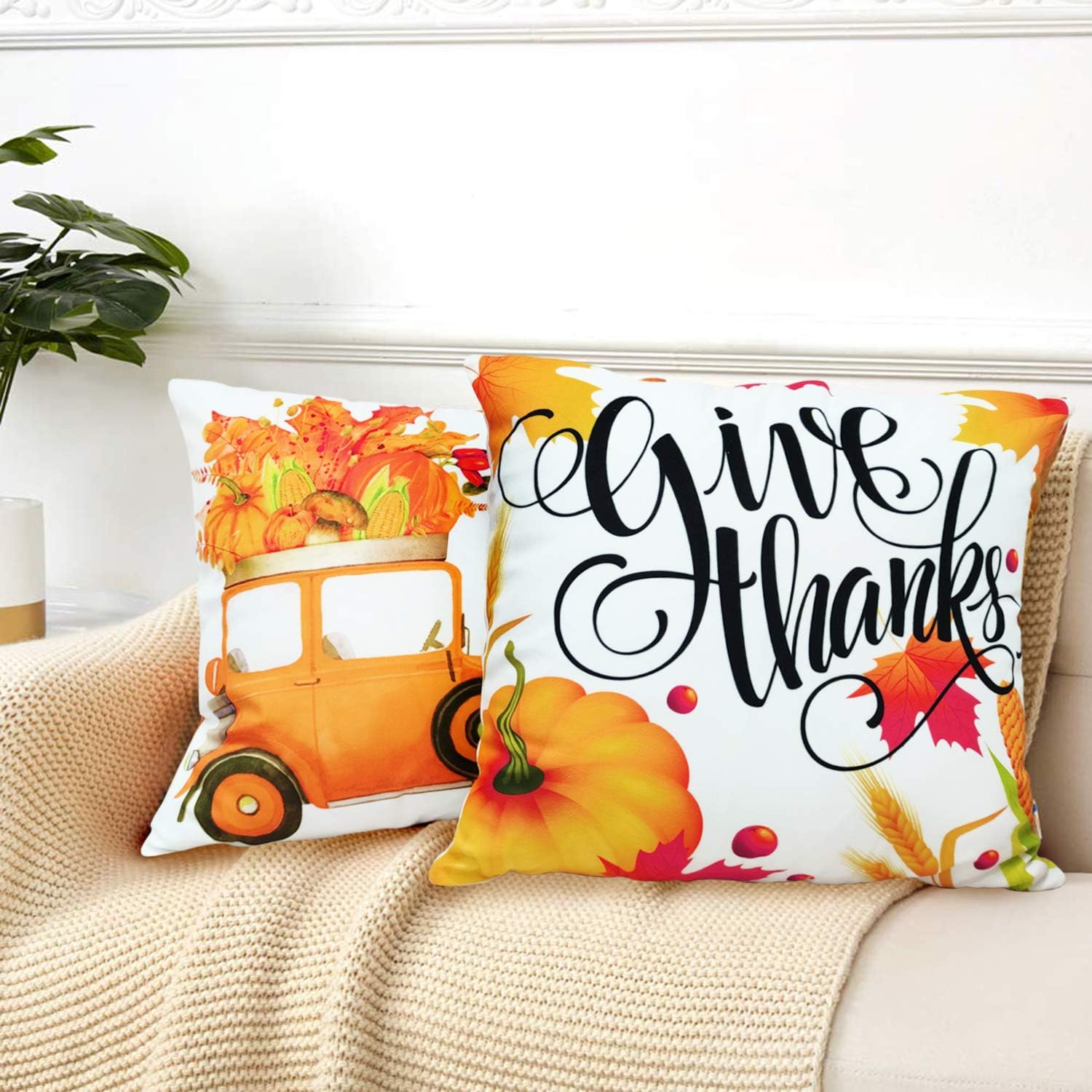 4Pack Fall Thanksgiving Pillow Covers 18"x18" Pumpkin Maple Leaf Decorative Pillow Covers Cushion Fall Thanksgiving Autumn Decorations for Home Sofa Couch Bedroom Indoor Outdoor Decor Holiday Pillows
