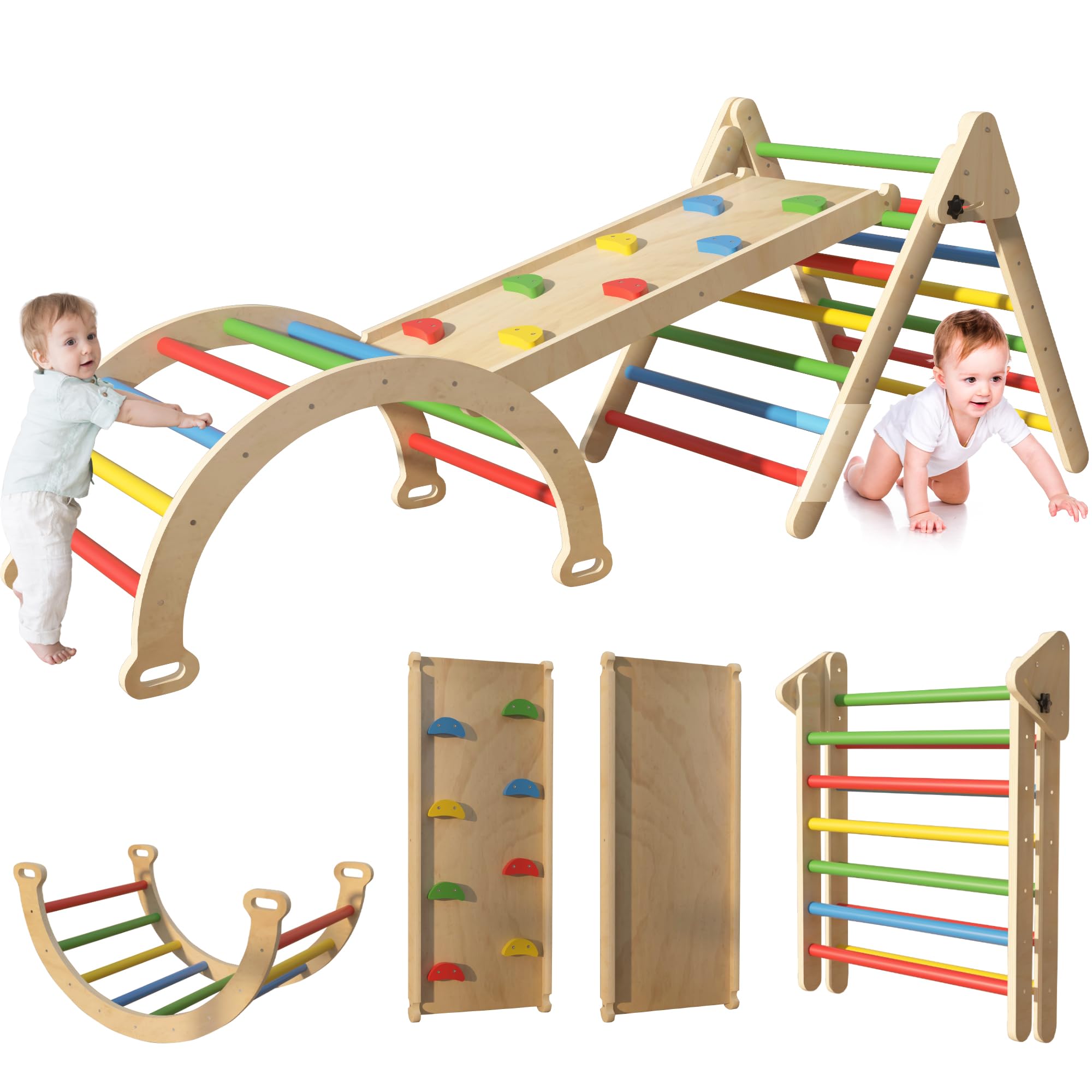 7-in-1 Wooden Pikler Triangle Climbing Set, Toddler Climbing Toys Indoor & Outdoor Fun with Ramp, Climbing Toys for Toddlers 1-3 Inside, Rainbow Colored Playground Baby Climbing Toys.