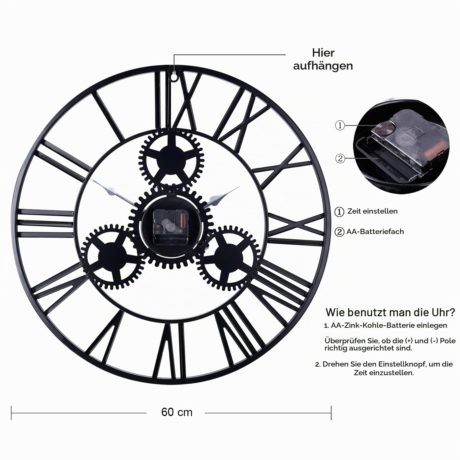 Lafocuse Industriell Gold Zahnrad Wanduhr Groß 57cm, Steampunk Lautlos Metall Quarzuhr mit 3D Romische Zahlen Vintage für Bar Wohnzimmer Schlafzimmer