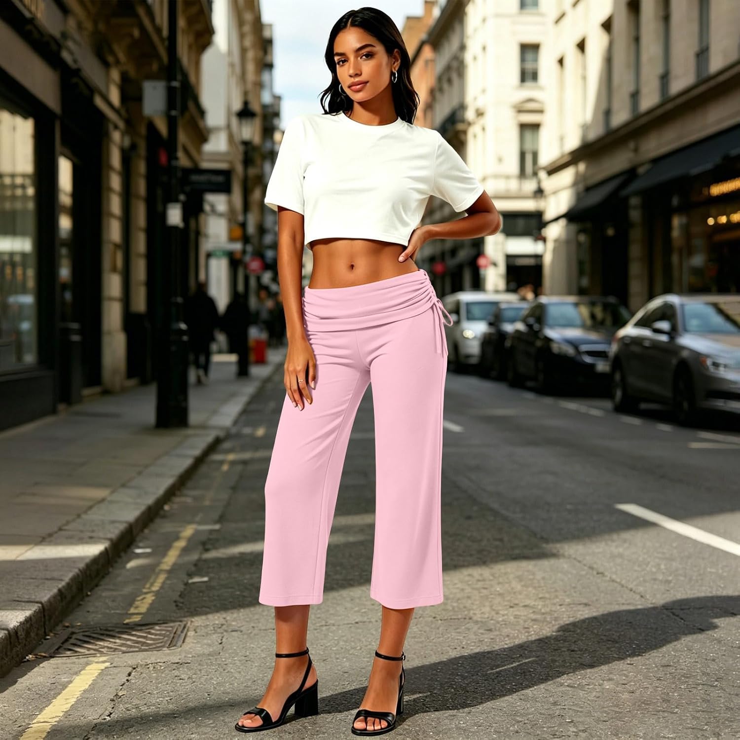 Gaucho Capri Pants for Women Fold Over Cropped Pant Stretch Low Rise Wide Leg Yoga Palazzo Flowy Culotte Bottom
