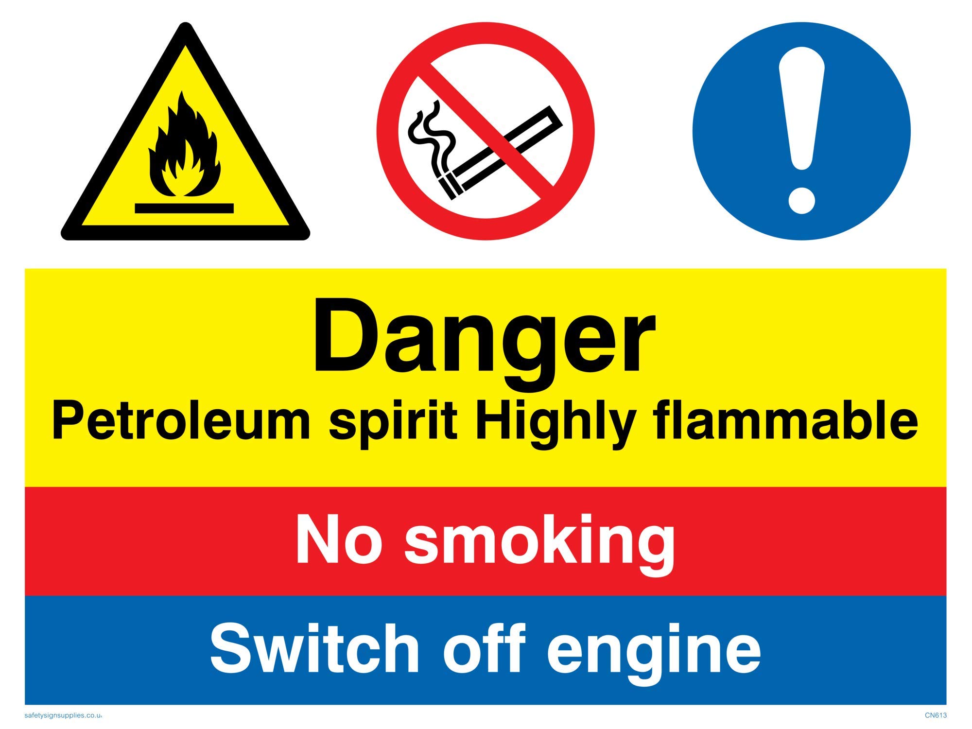 Viking SignsCN613-A1L-AC "Danger Petroleum Spirit Highly Flammable, No Smoking, Switch Off Engine" Sign, 3 mm, Aluminium, Composite, 800 mm H x 600 mm W