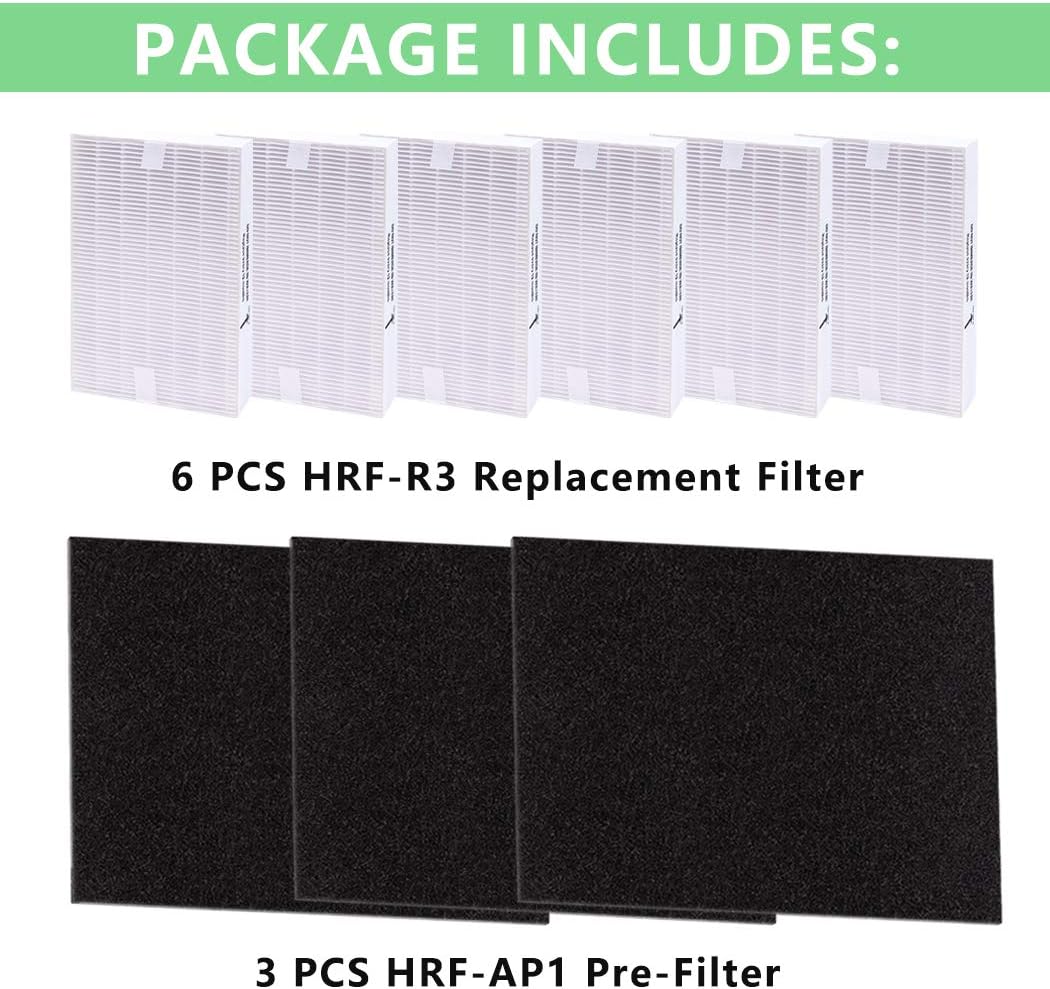 9 Pack HPA300 HEPA Filter Replacement for Honeywell Air Purifiers HPA300, HPA304, HPA8350, HPA300VP, HPA3300b, HPA5300, Replace HRF-R3, Pack of 6 HEPA R Filters and 3 Pre filters A HRF-AP1