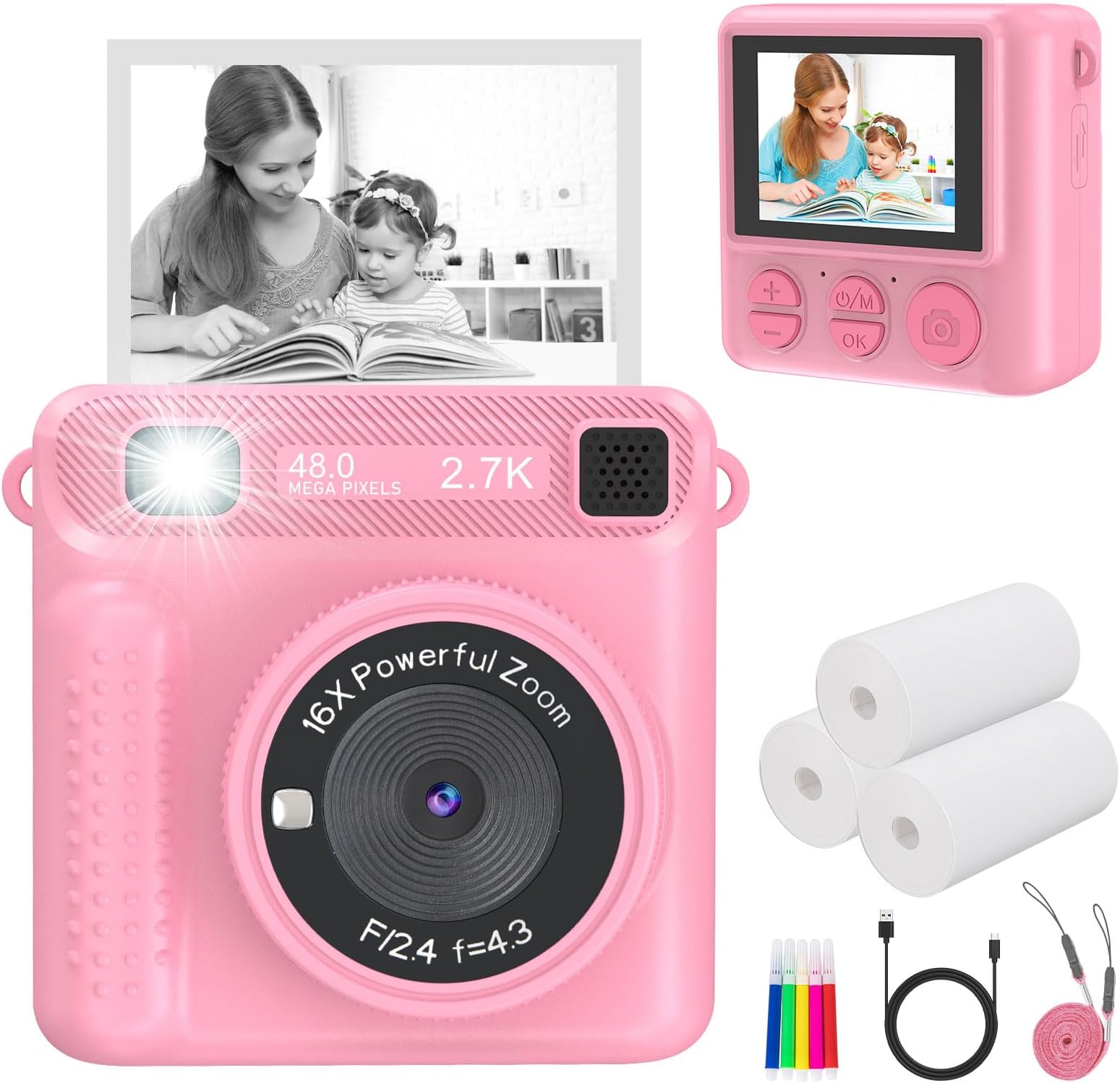 インスタントプリントカメラ 子供用 - HDビデオ、32GB SDカード、ポータブルおもちゃ 3~12歳の女の子と男の子用 クリスマス 誕生日プレゼント (ピンク)