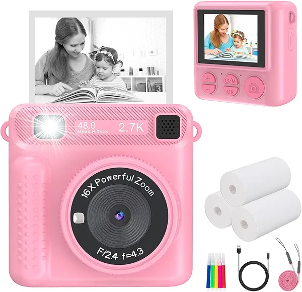 JPVERLY Kids Instant Print Camera - Christmas & Birthday Gift for Boys and Girls Ages 3-12, HD Digital Video Camera Toy with 3 Rolls Printing Paper & 32GB Card (Pink)