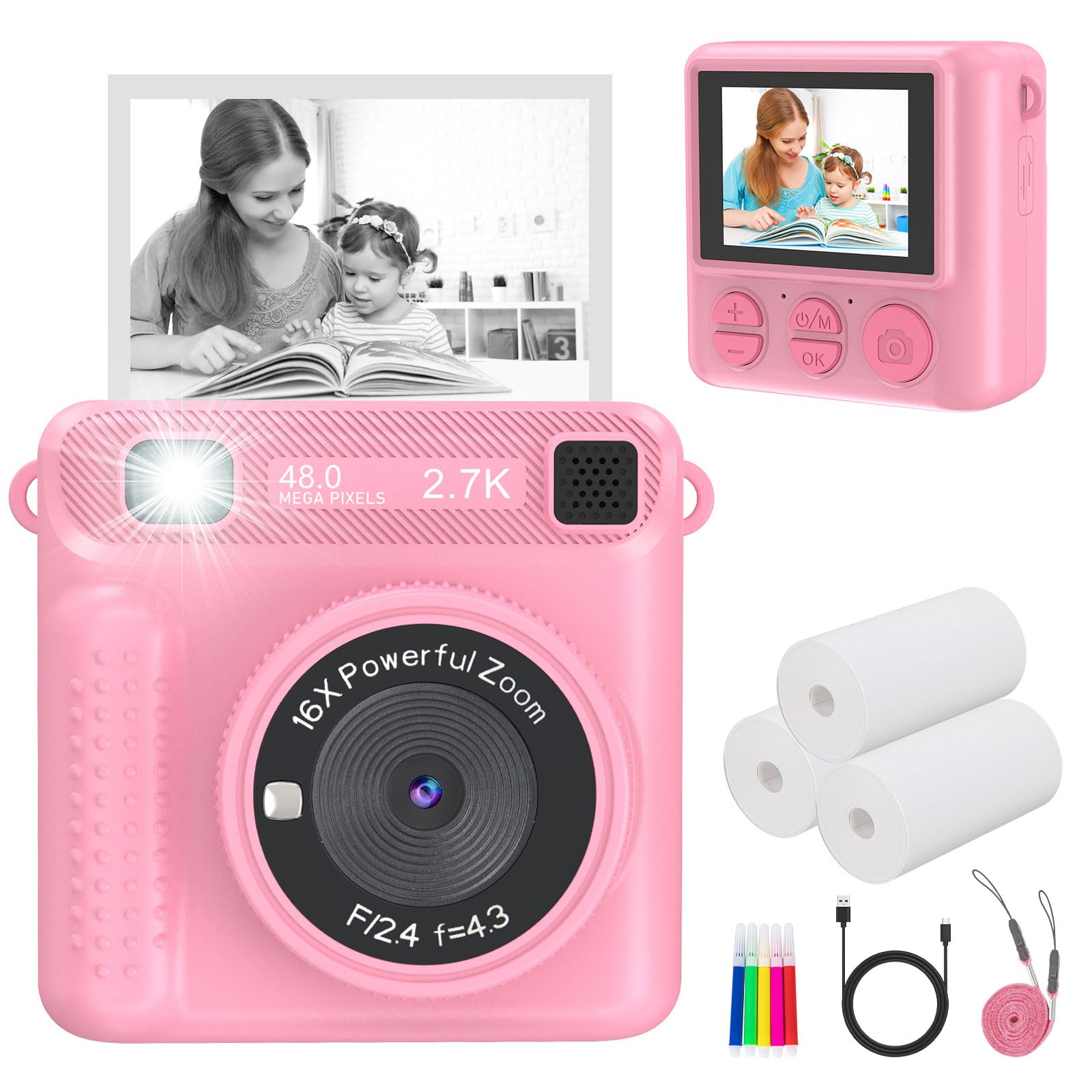 Kids Instant Print Camera - Christmas & Birthday Gift for Boys and Girls Ages 3-12, HD Digital Video Camera Toy with 3 Rolls Printing Paper & 32GB Card (Pink)
