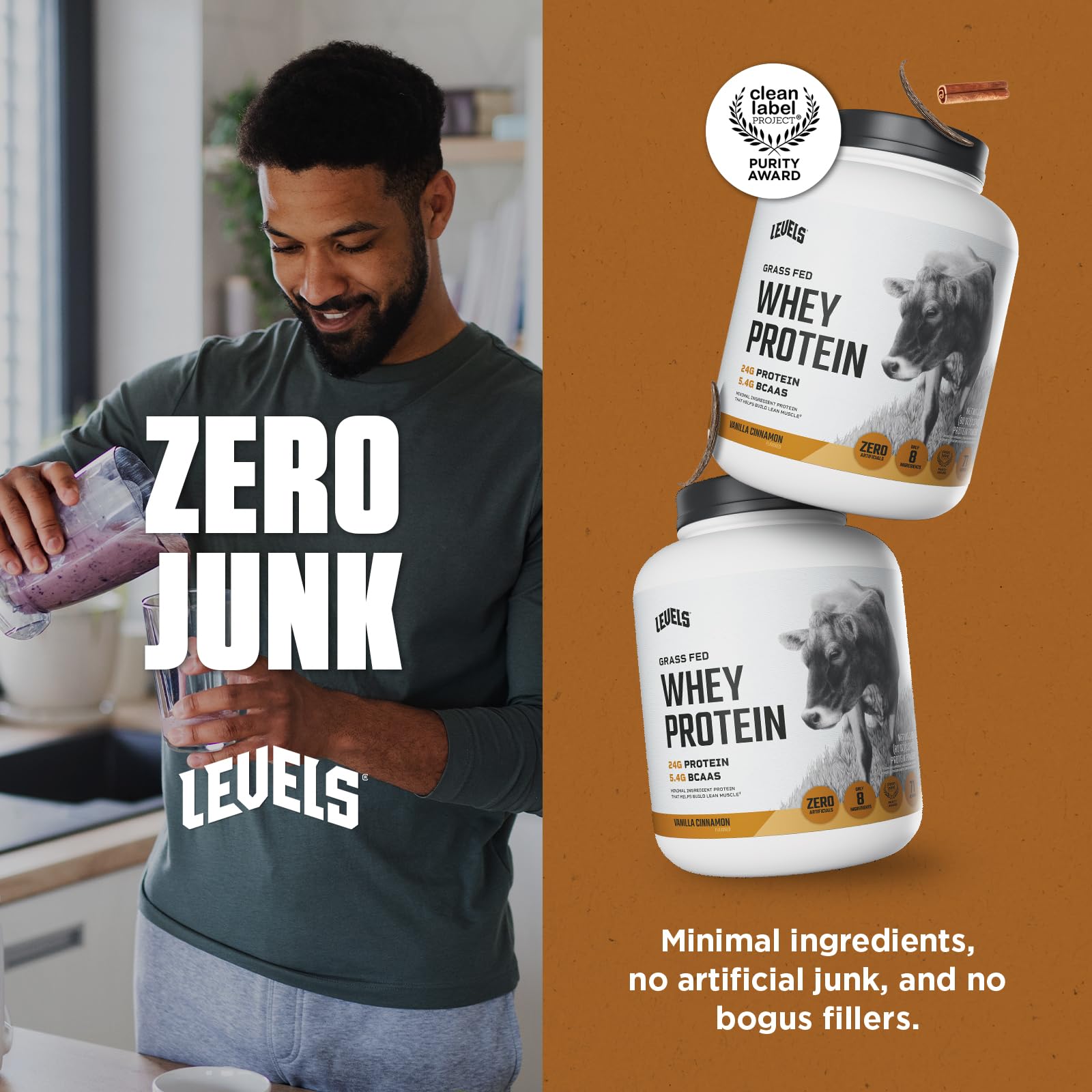 Levels Nutrition Grass Fed 100% Whey Protein, No Hormones, Vanilla Cinnamon, 5LB