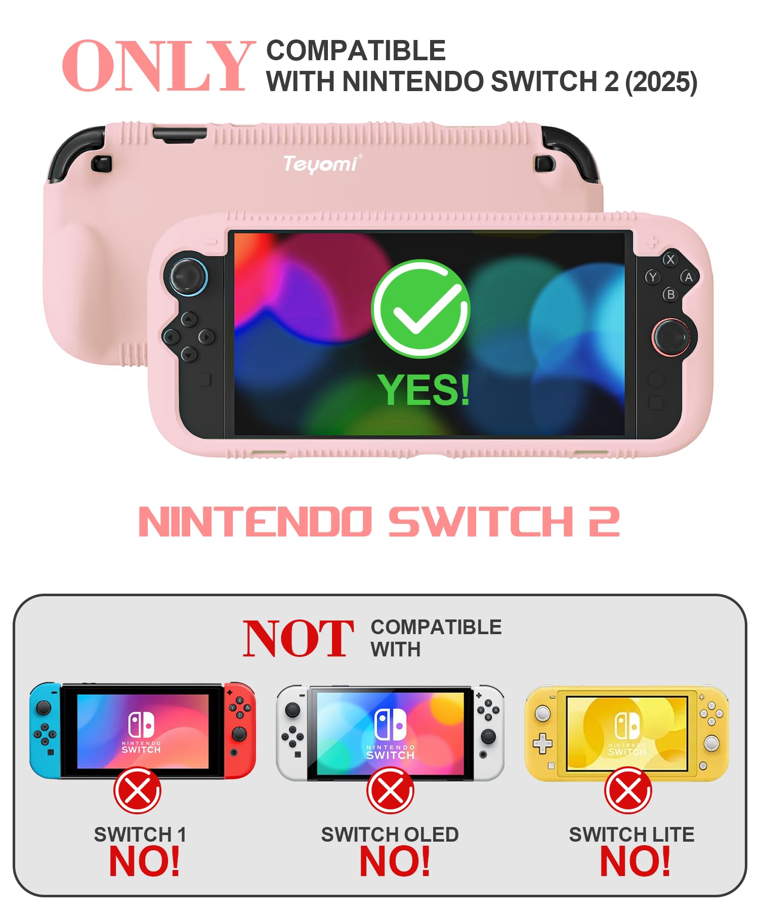 Teyomi Custodia protettiva in silicone compatibile con Nintendo Switch 2, Cover antiurto per Nintendo Switch 2 con pellicola protettiva in vetro temperato, custodia ergonomica per Switch 2 (Rosa) - 3