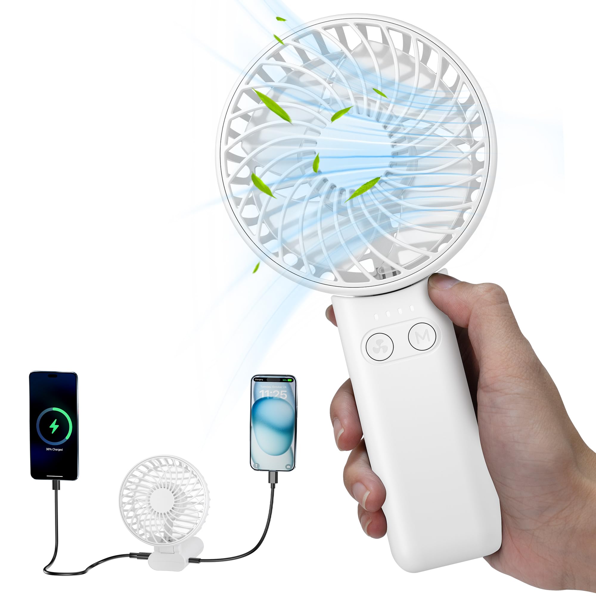 HandFan 5200mAh Portable Handheld Fan, Rechargeable Hand Fan, Battery Operated 8.5-27hrs, Personal USB Foldable Fan, Travel Essential Gifts for Women/Girls/Friends (White)