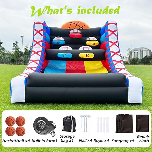 Miniatura 5 de Juego de baloncesto inflable con 5 aros, 4 bolas, ventilador comercial fácil de instalar, ideal para juegos interactivos de baloncesto