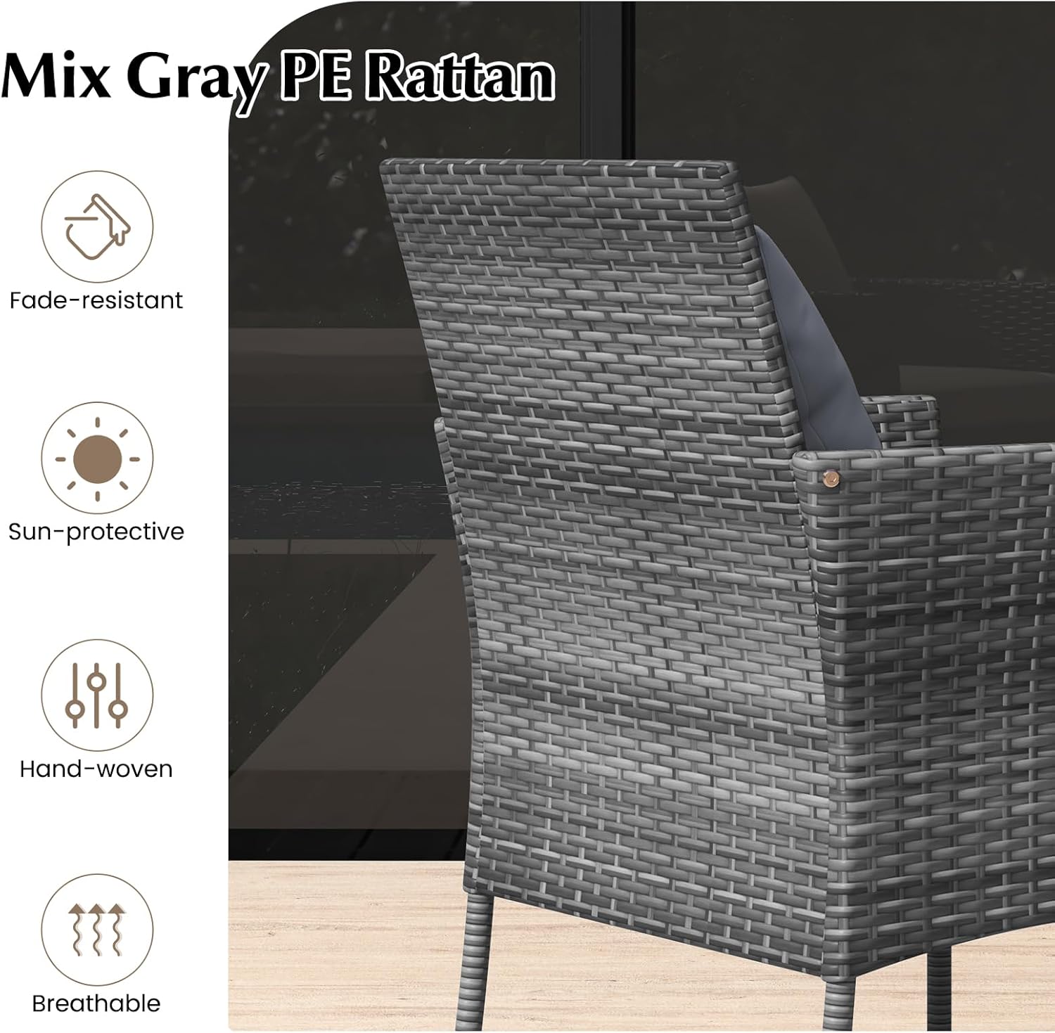 HAPPYGRILL 3 Pieces Patio Furniture Set, Outdoor PE Wicker Front Porch Bistro Conversation Set with Cushioned Patio Chairs and Tempered Glass Coffee Table for Balcony, Garden, Lawn, Backyard (Beige)