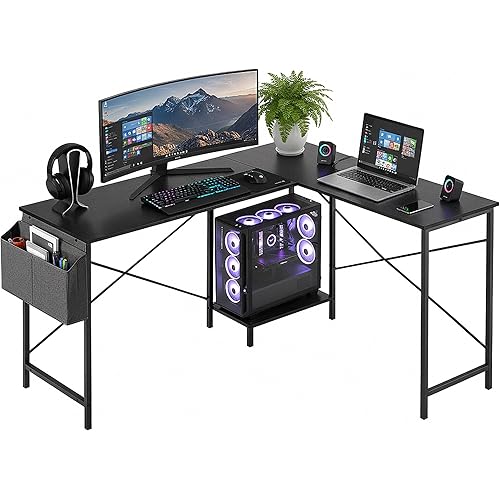 L Shaped Desk, 50 Inch Reversible Computer Desk Corner Gaming Table with CPU Stand & Storage Bag, Sturdy Metal Frame PC Workstation for Home Office