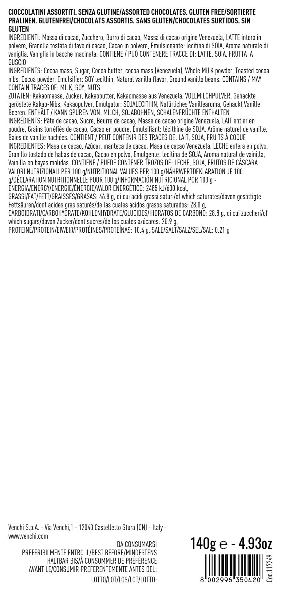 Venchi - Estuche abanico con 20 bombones Granblend, desde el extra negro hasta el chocolate con leche, 140 g, sin gluten, sin colorantes y sin conservantes, idea de regalo