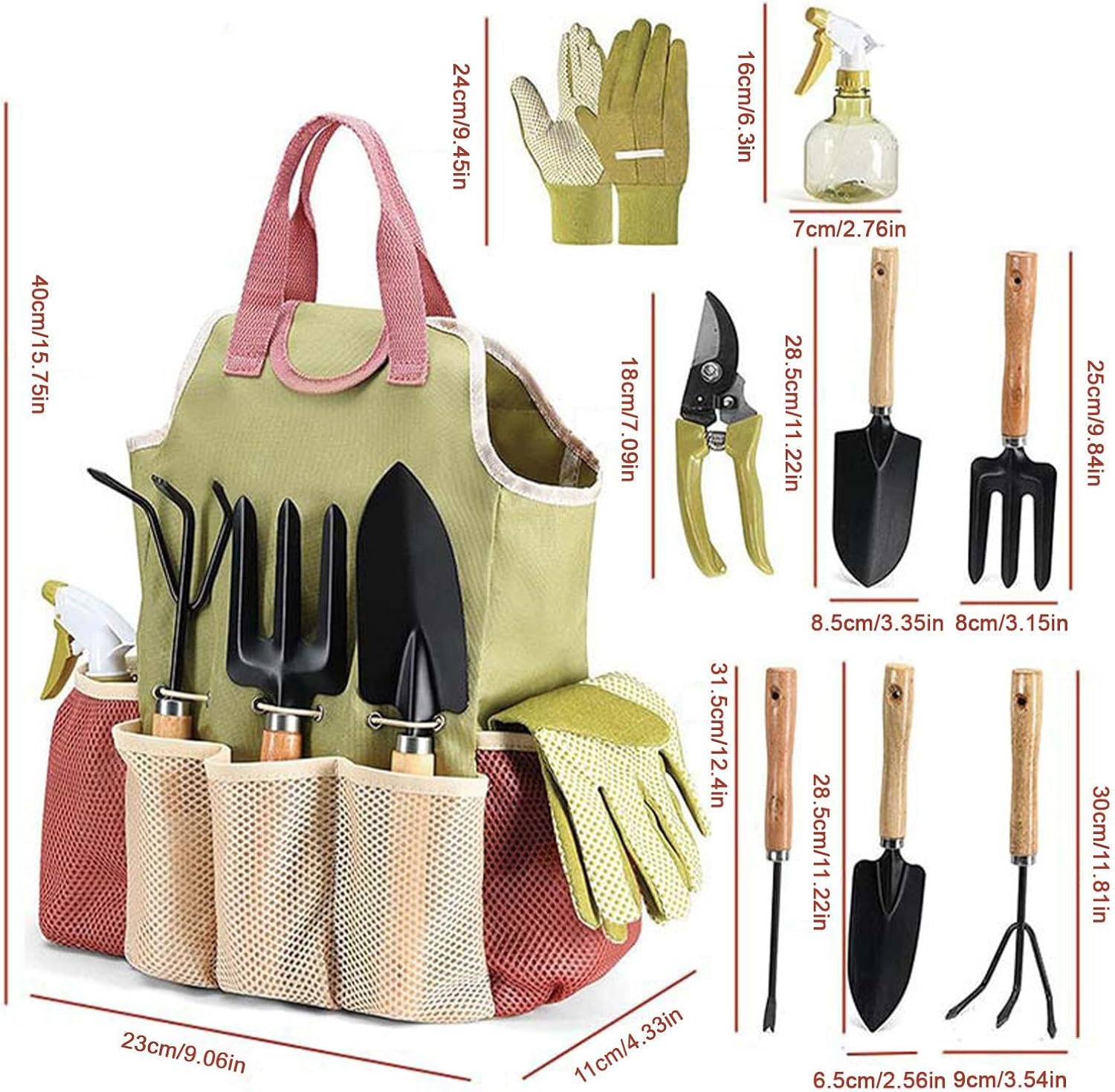Planting Tool Set, 15.75x9.06x4.33 Inch, 9-Piece Multifunctional Gardening Equipment, Cloth and Iron, Digging, Cutting, Trimming, Pruning, Weeding, Garden