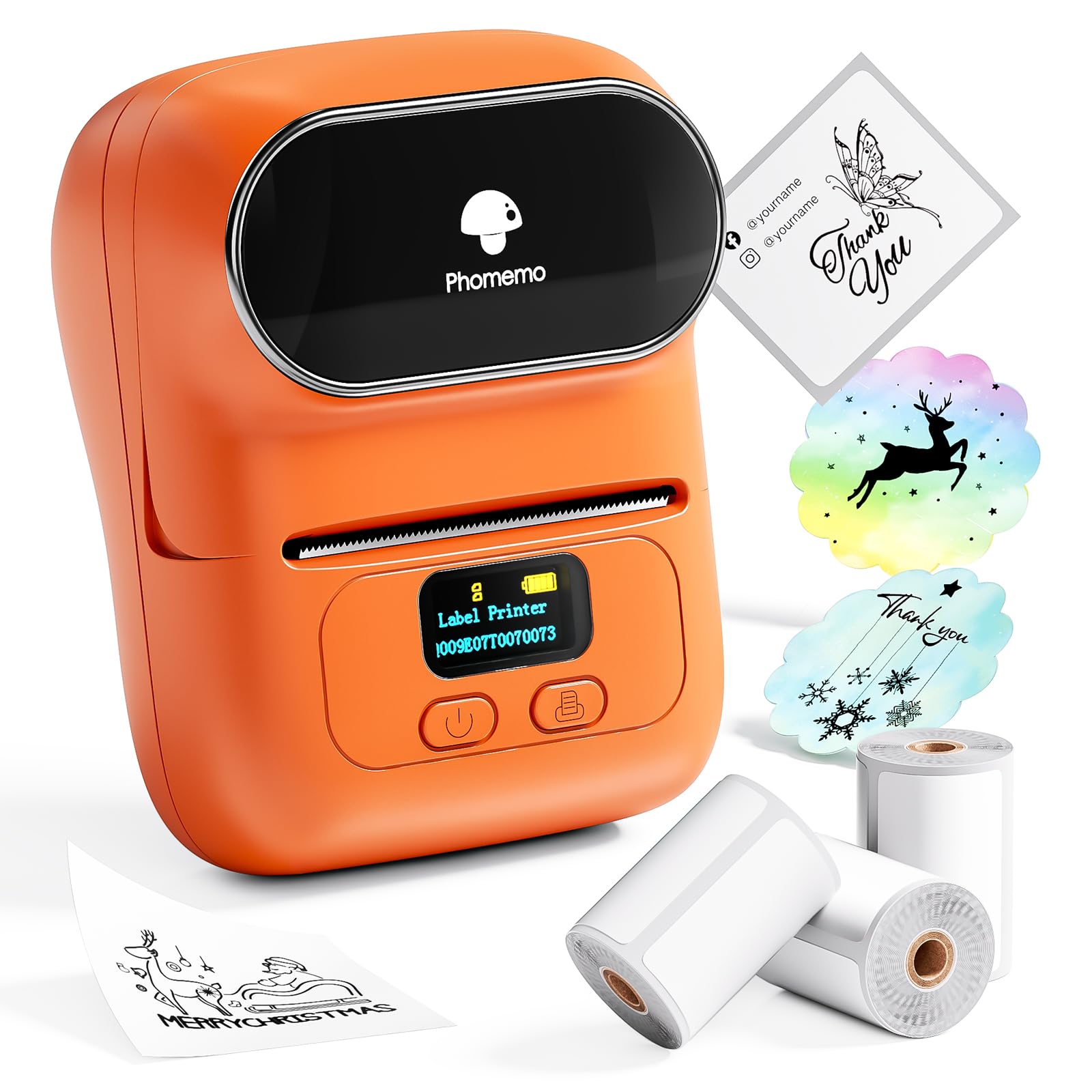 Phomemo M110 drukarka etykiet Bluetooth, przenośne urządzenie do etykiet, samoprzylepne, z 3 rolkami etykiet, do sprzedaży detalicznej, biura i małych firm, kolor pomarańczowy