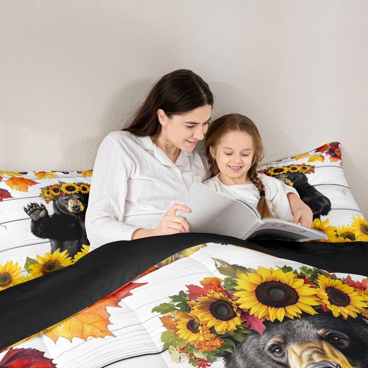 Feelyou Rustic Bear Bedding Set Soft for Boys Girls, Sunflower Comforter Set Queen Size Country Animal Duvet Quilt Microfiber Farmhouse Bedroom Decor 3 Pcs with 2 Pillow Cases