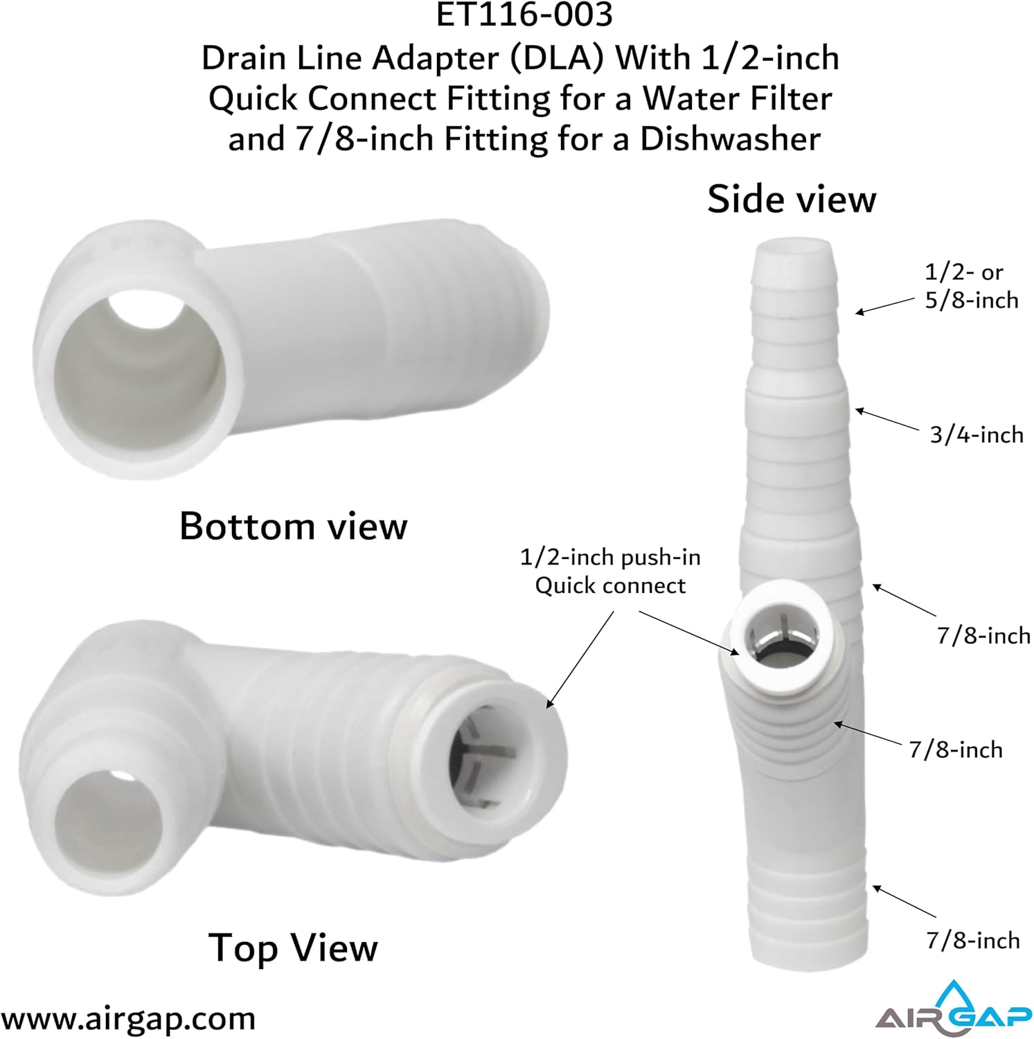 Drain Line Adapter (DLA) With 1/2-inch Quick Connect Fitting for a Water Filter and 7/8-inch Fitting for a Dishwasher (ET116-003, D-50QC, DLA-D)