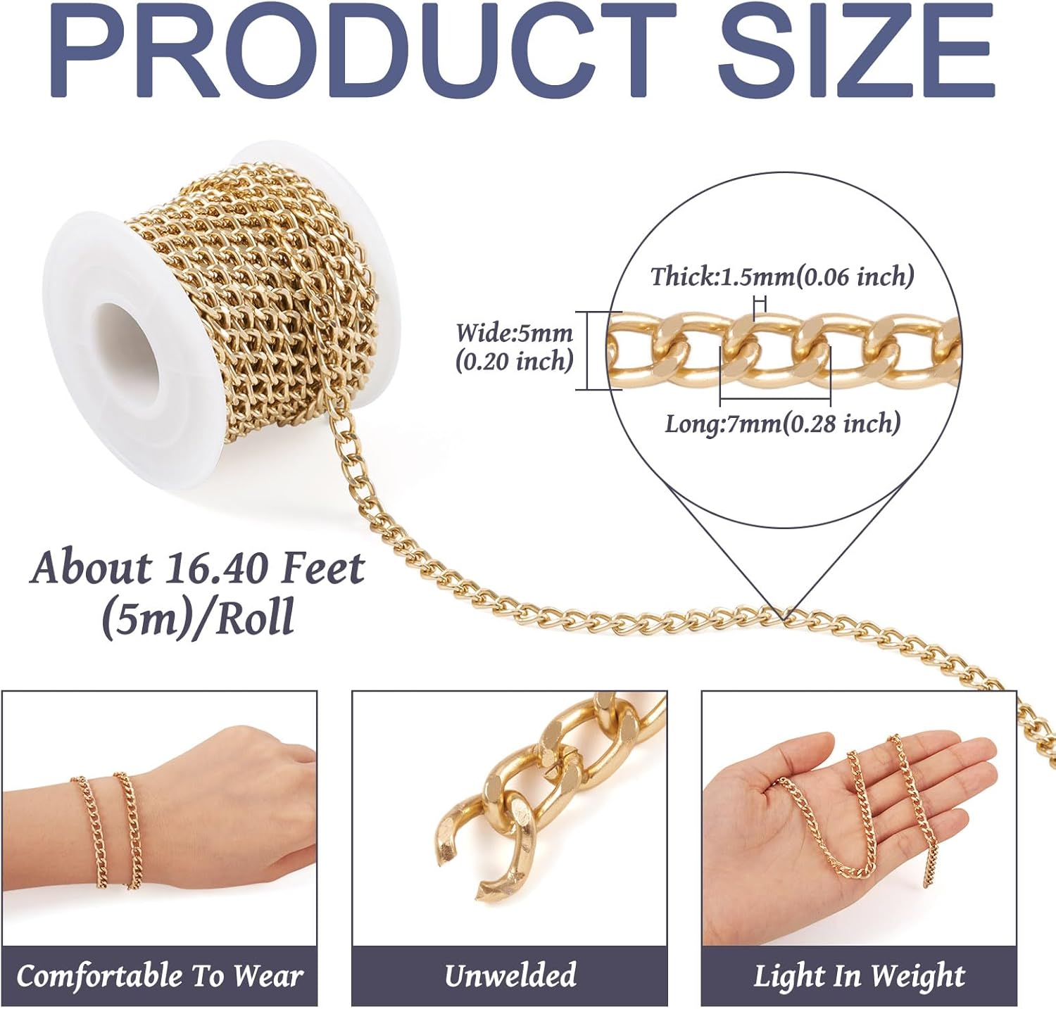Pandahall 16.4 Feet Aluminum Curb Chains 7x5x1.5mm Golden Metal Craft Chains Unwelded Jewelry Link Chains for Jewelry Making Necklace Bracelet - Image 3
