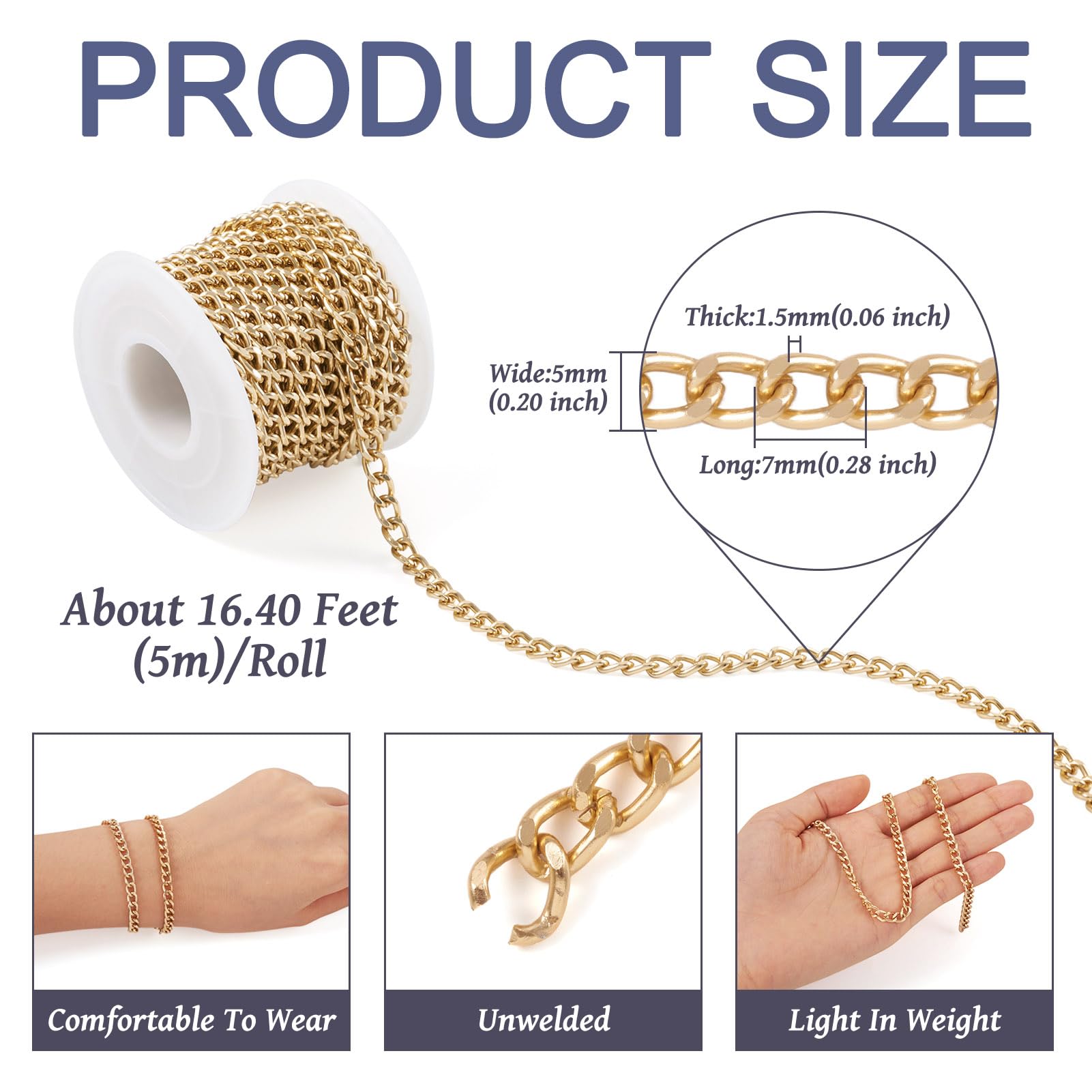 Craftdady 16.4Feet Aluminum Curb Chains Golden Oval Unwelded Twist Link Cross Cable Chain 7x5mm for Necklace Bracelet Jewellery Making - Image 3