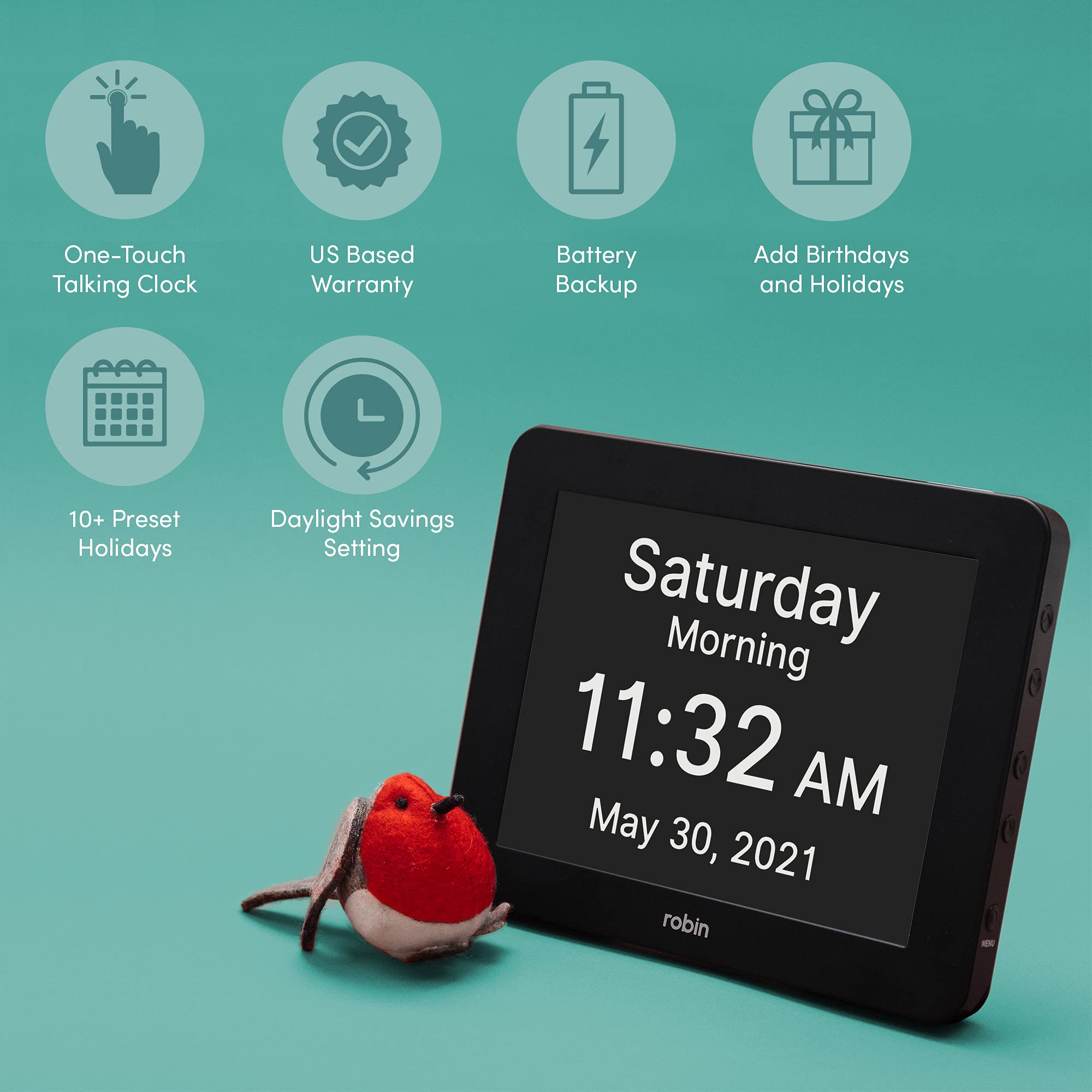Robin, 2022 Version, Digital Day Clock 2.0 with Custom Alarms and