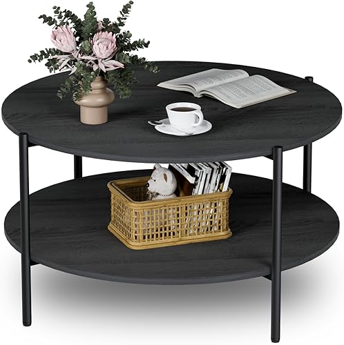 Miniatura 8 de Mesa auxiliar redonda, mesas circulares modernas de doble capa de 31 pulgadas, mesa de centro pequeña con estante de almacenamiento abierto, mesa