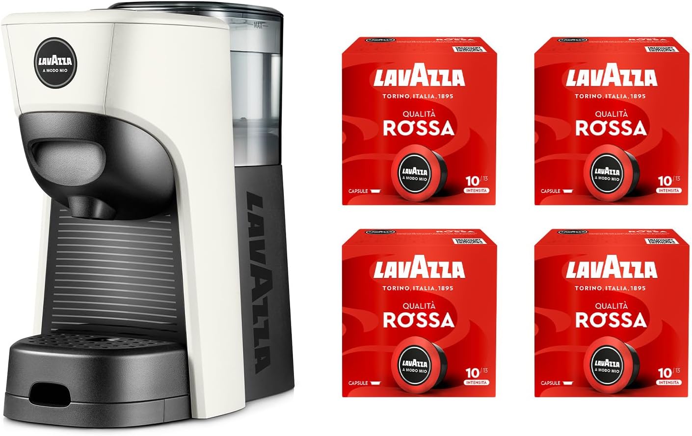 Lavazza, A Modo Mio Macchina per Caffè Tiny Bianca con 64 Capsule Qualità Rossa Incluse, Macchina per Espresso in Plastica Riciclata, 1450 W, 220-240 V