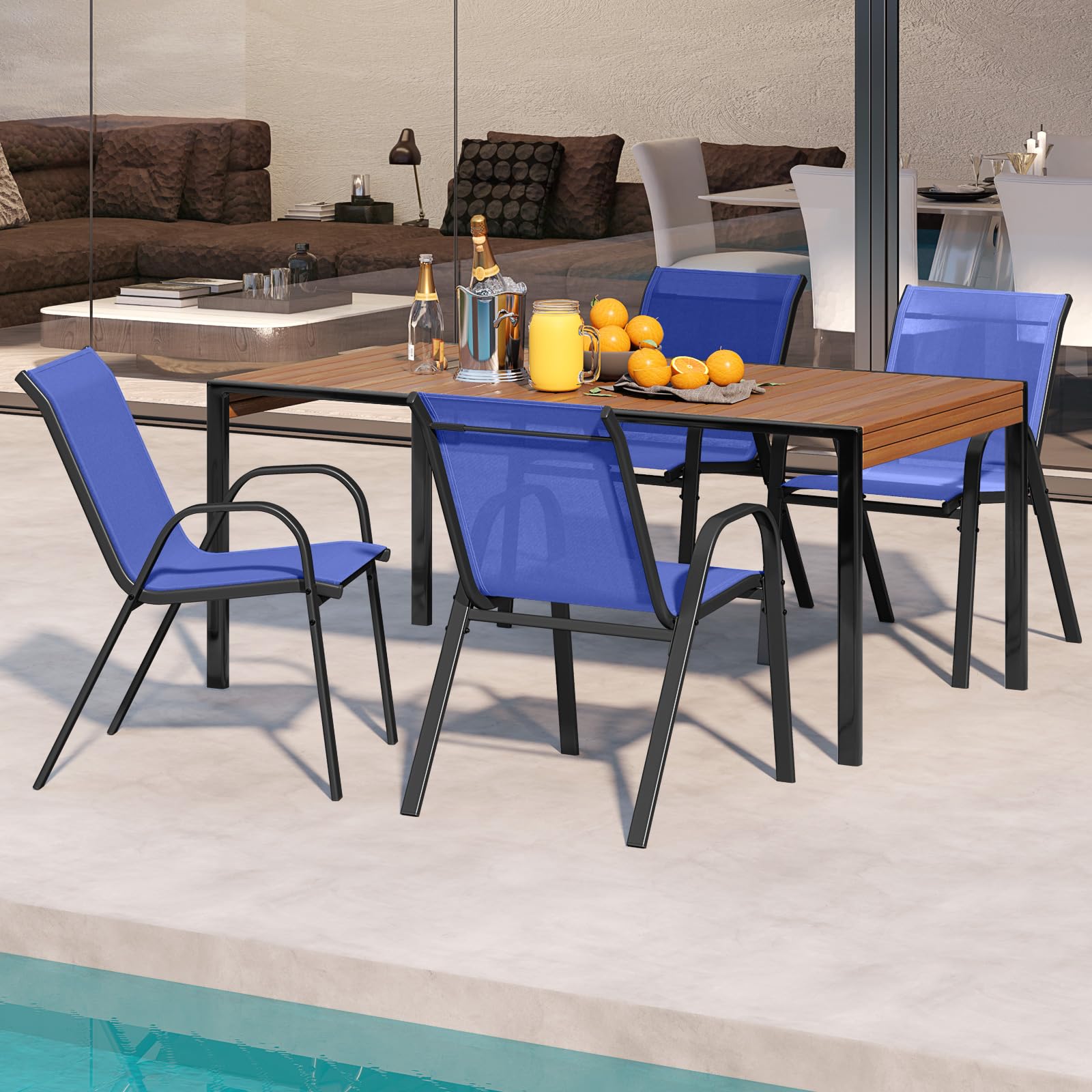 GYMAX Set di 2/4 Sedie da Giardino Impilabili con Tessuto Resistente alle Intemperie, Poltroncine da Esterno in Metallo per Giardino, Cortile, Portata 150 kg, 56 x 70 x 84 cm (Blu, 4 Pezzi)