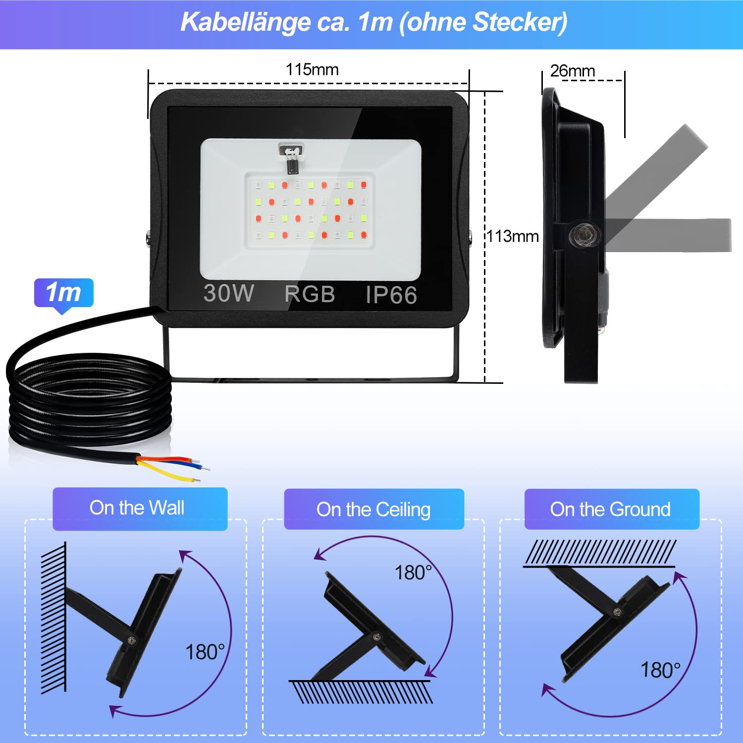Faretto LED RGB 30 W, 10 faretti per esterni, 16 colori e 4 modalità, Smart LED, IP66, impermeabile
