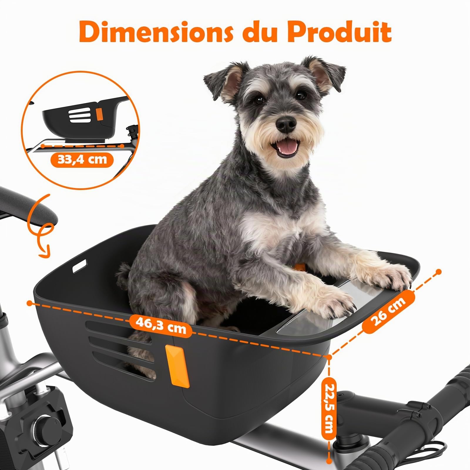 Panier de Vélo Avant pour Chien Chat 12KG, Siège Robuste Intégré, Coussin Nylon Imperméable, Sangles Réglables, Cadre Métal Antirouille