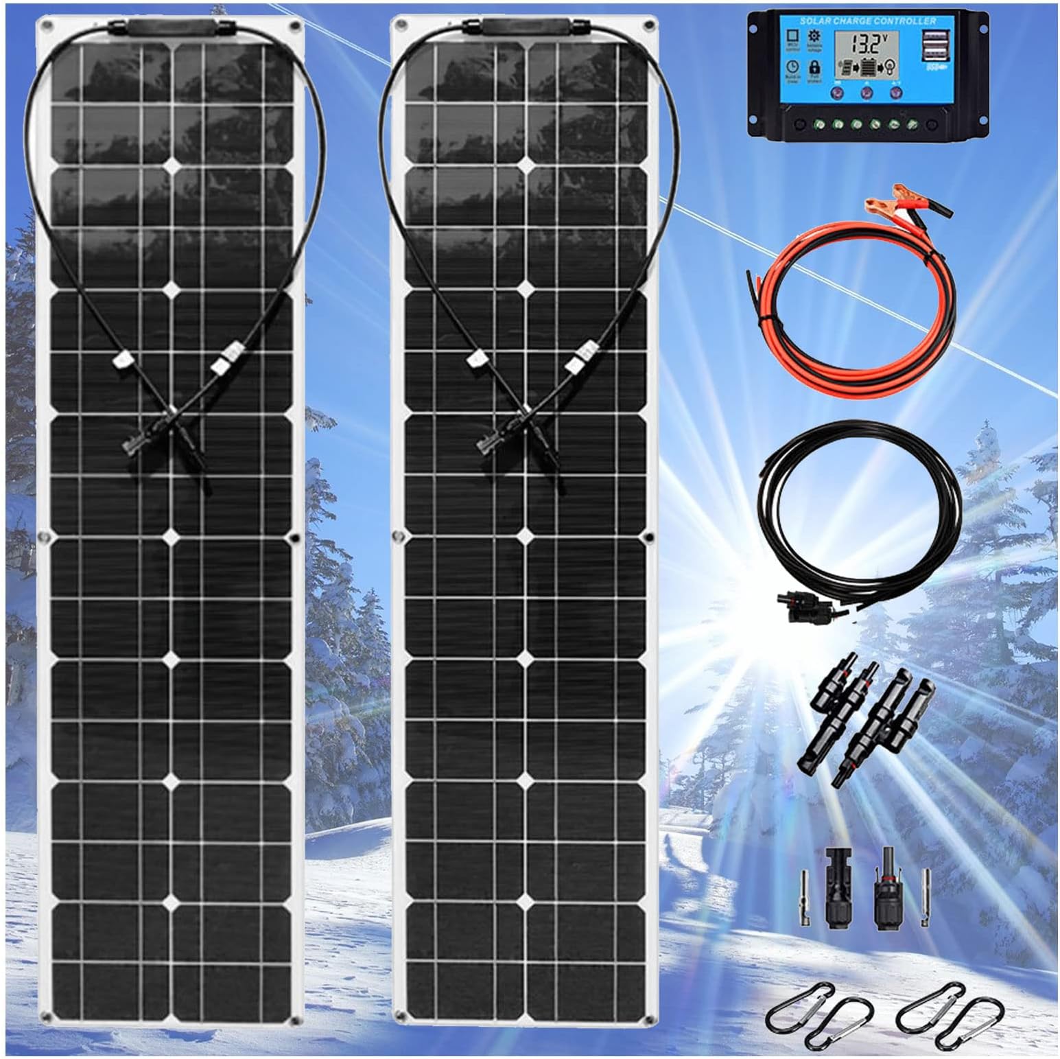 Solar Panel Kit 400W 18V Solar Power System for Off Grid Home RV Motorhome Caravan, 2pcs 200W Monocrystalline Solar Panel + 40A Charging Controller + Solar Cable, B, 40A