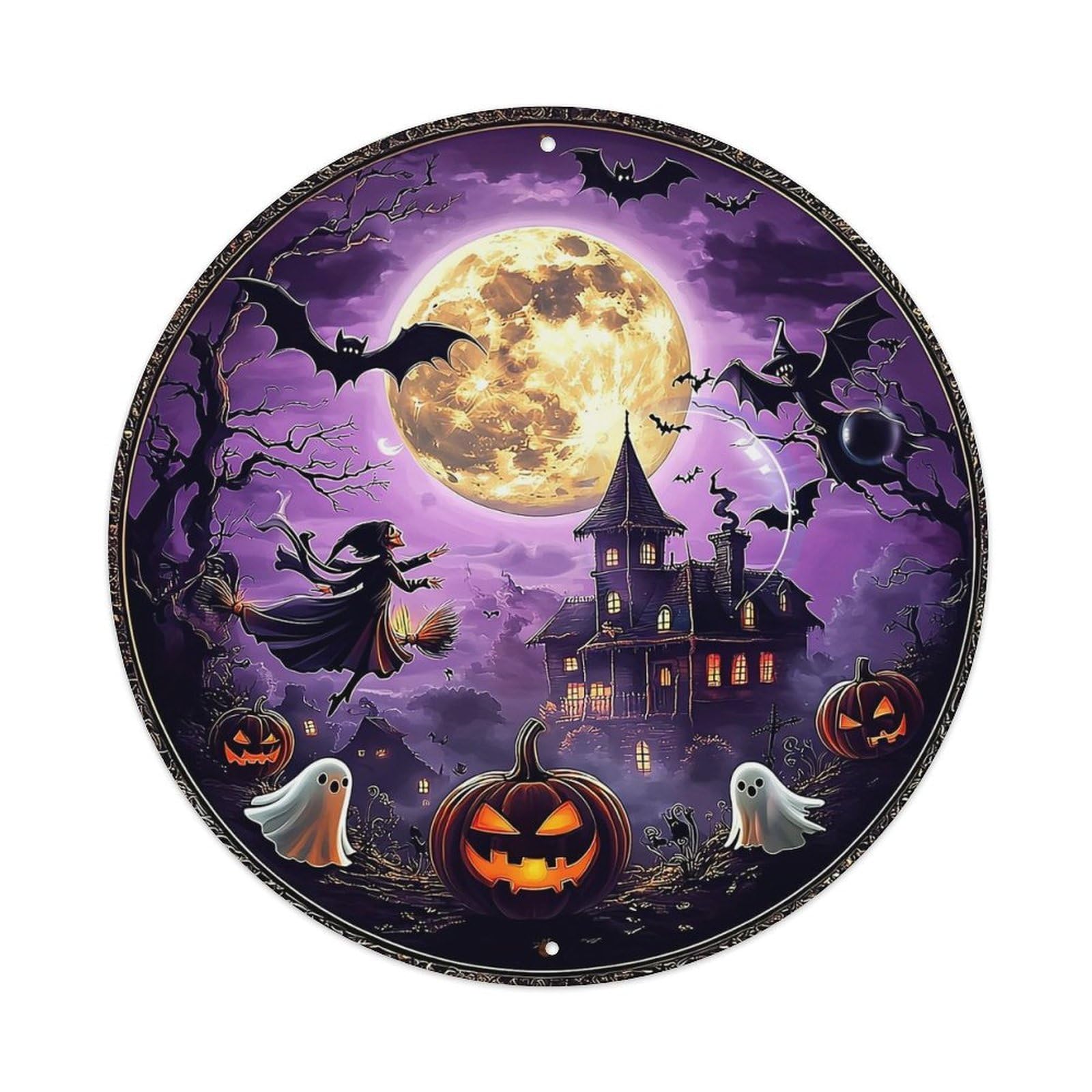 Nestemfo Vintage Halloween Witch Moon Pumpkin Ghost Tin Sign Metal Sign, Living Room,Bar, Home, Bedroom Wall Decor,Retro Circle Metal Poster 8X8 Inches