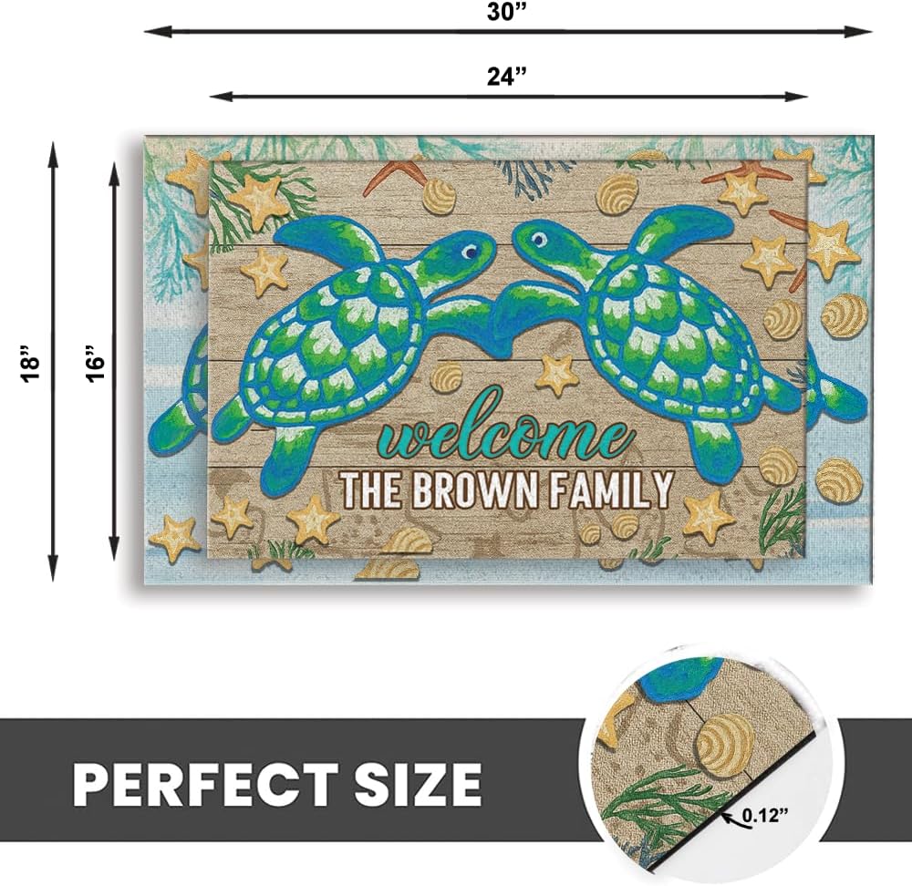 Personalized Sea Turtle Doormat for Beach House – Non-Slip Coastal Entry Rug with Two Turtles and Starfish – Custom Nautical Welcome Mat for Front Door, Bathroom, Porch, or Ocean-Themed Summer Decor