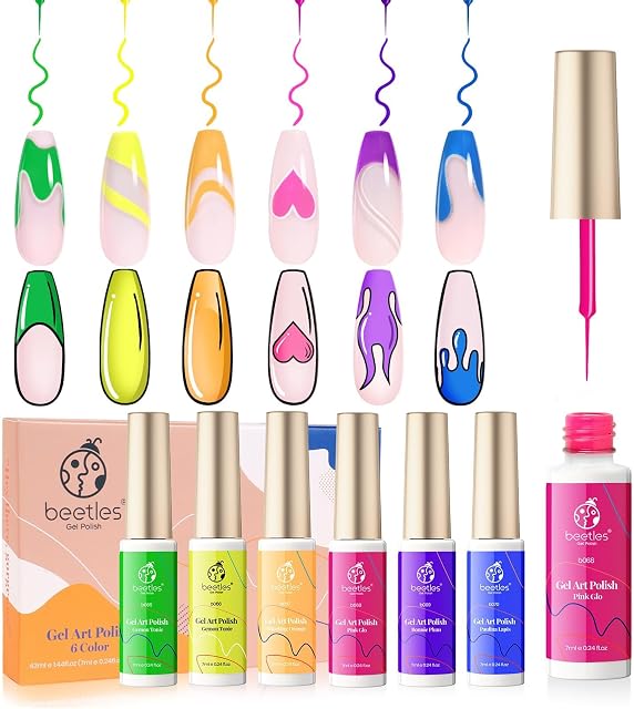 Beetles Gel Polish Nail Art Gel Liner Set-6 Popular Neon Orange Hot Pink Colors Gel Art Paint for Swirl Nails Built Thin Nail Art Brush in Bottle Gel Pens Soak Off Blue Yellow Green Christmas Nail