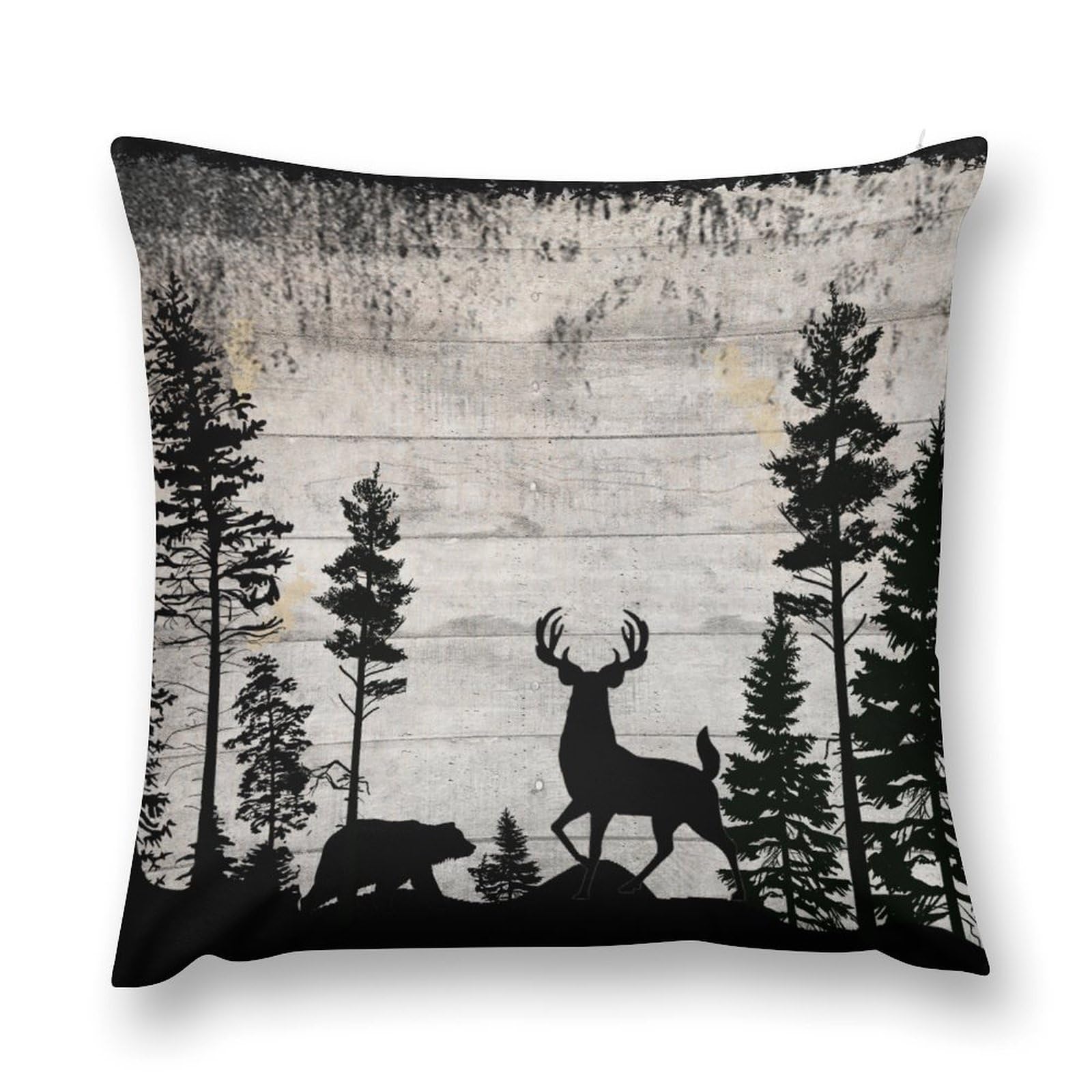 moderw Rustic Bear Deer Cabin Throw Pillow Cover, Hunting Forest Pine Tree Couch Cushion Case Retro Country Farmhouse Lodge Wild Animals Wooden Board Sofa Pillowcases for Home Bed Decor 18x18inch