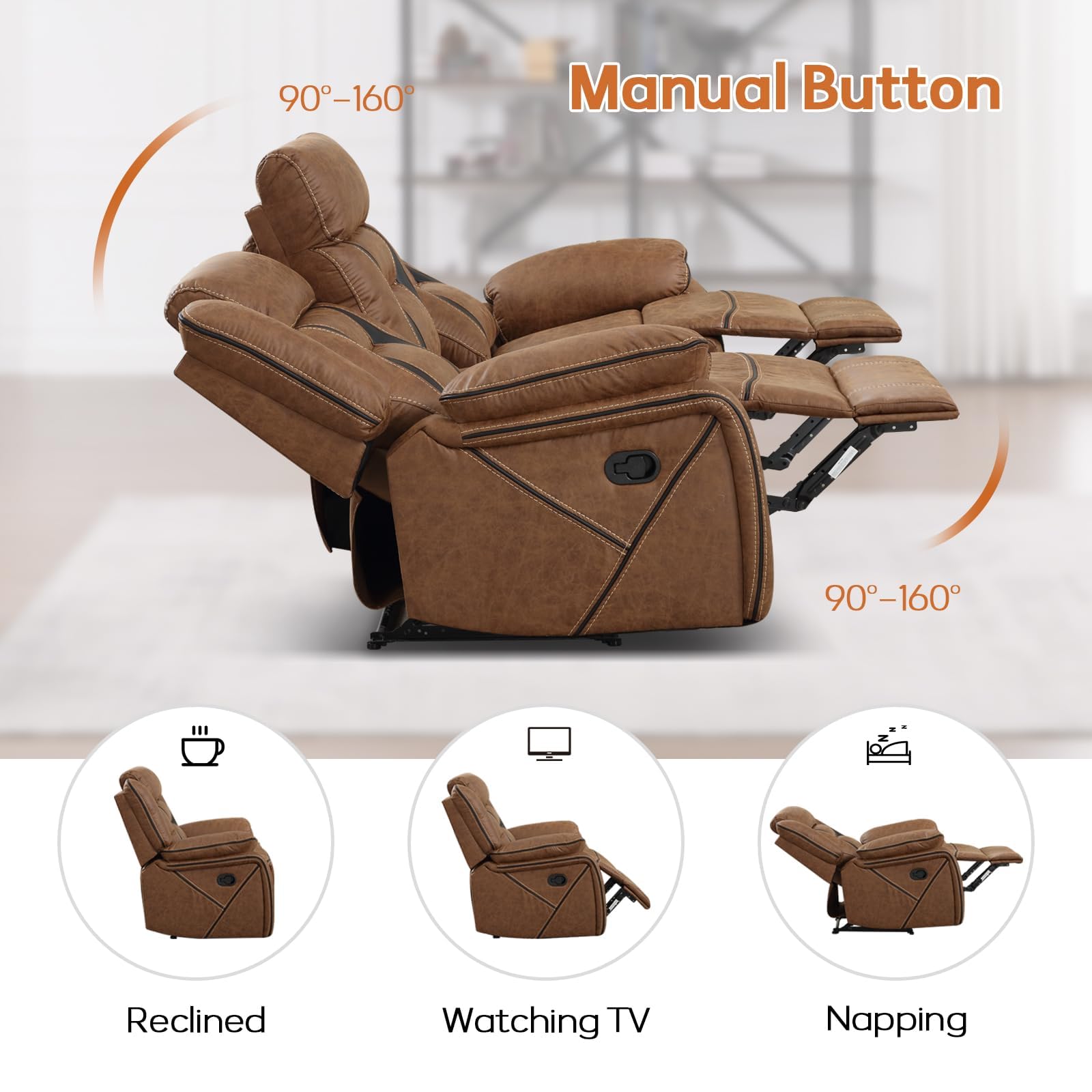 EBELLO Manual Recliner Sofa Set, Faux Leather Reclining Living Room Furniture Set, Included Recliner Chair and 3 Seat Manual Recline Sofa, Brown view 4