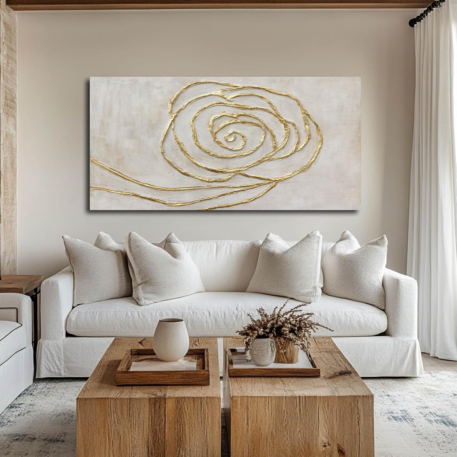 Photo 1 of XIANSHOU Textured Wall Art Pictures Line Wall Paintings Beige and Gold Wall Decor for Walls 24"x48" Artwork for Bedroom Office Decorations